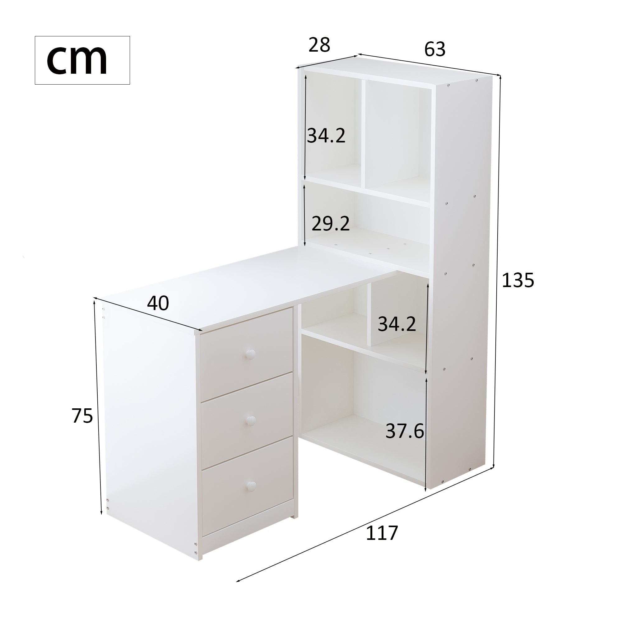 Corner Desk with Bookshelf, 4 Storage and 3 Drawers, White