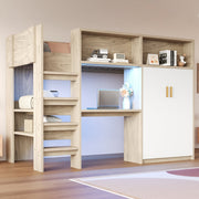 Multifunctional Loft Bed with Desk, Wardrobe, Shelf and LED Lighting, Wood Color