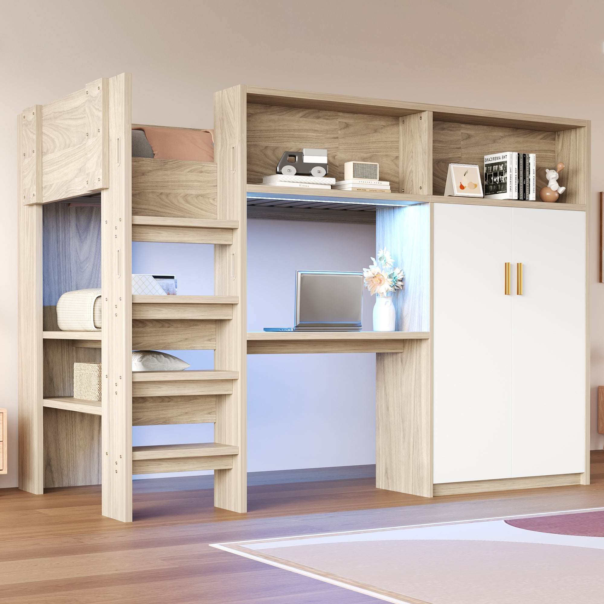 Multifunctional Loft Bed with Desk, Wardrobe, Shelf and LED Lighting, Wood Color