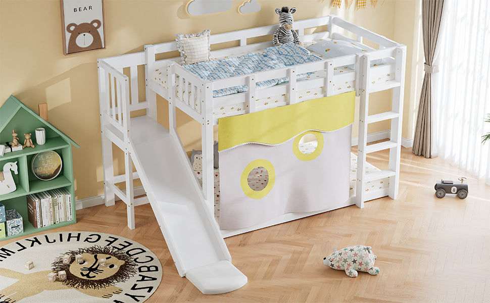 Bunk Bed 90x200cm with Stairs Slide and Curtain - White MDF/Pine