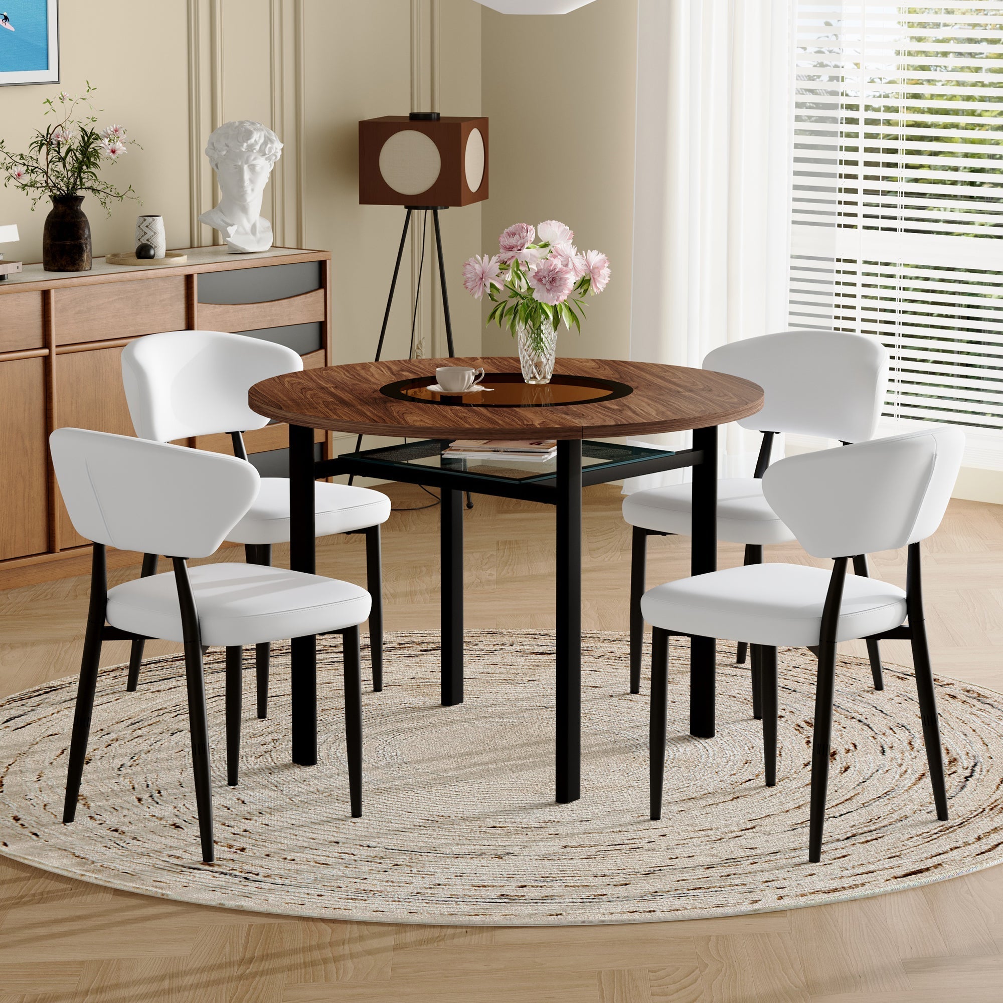 Round Table Set 4 Armchairs 100cm Wood Look - White PU