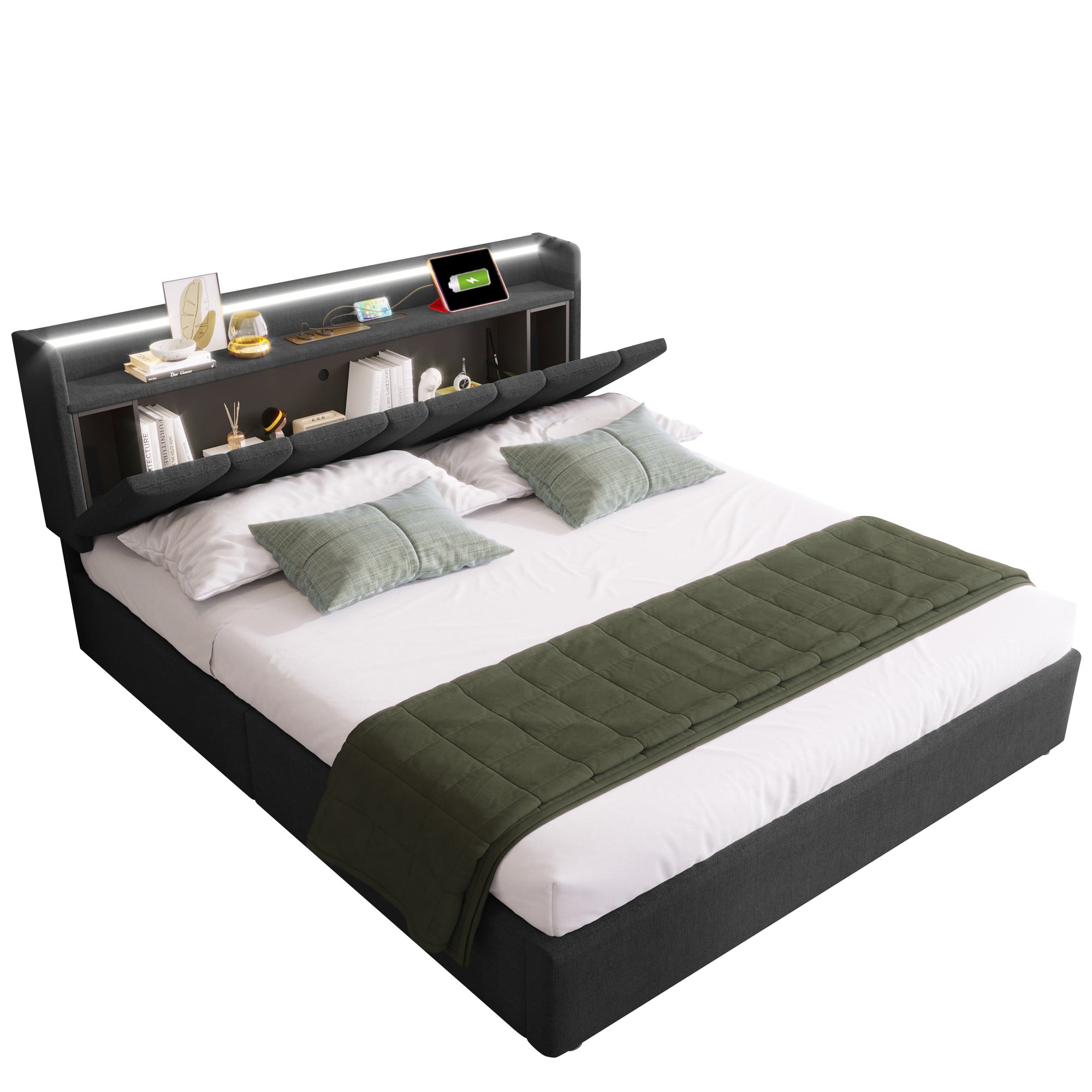Upholstered Double Bed with USB Charging, LED Lighting & Storage Headboard, Wooden Slatted Frame, Grey