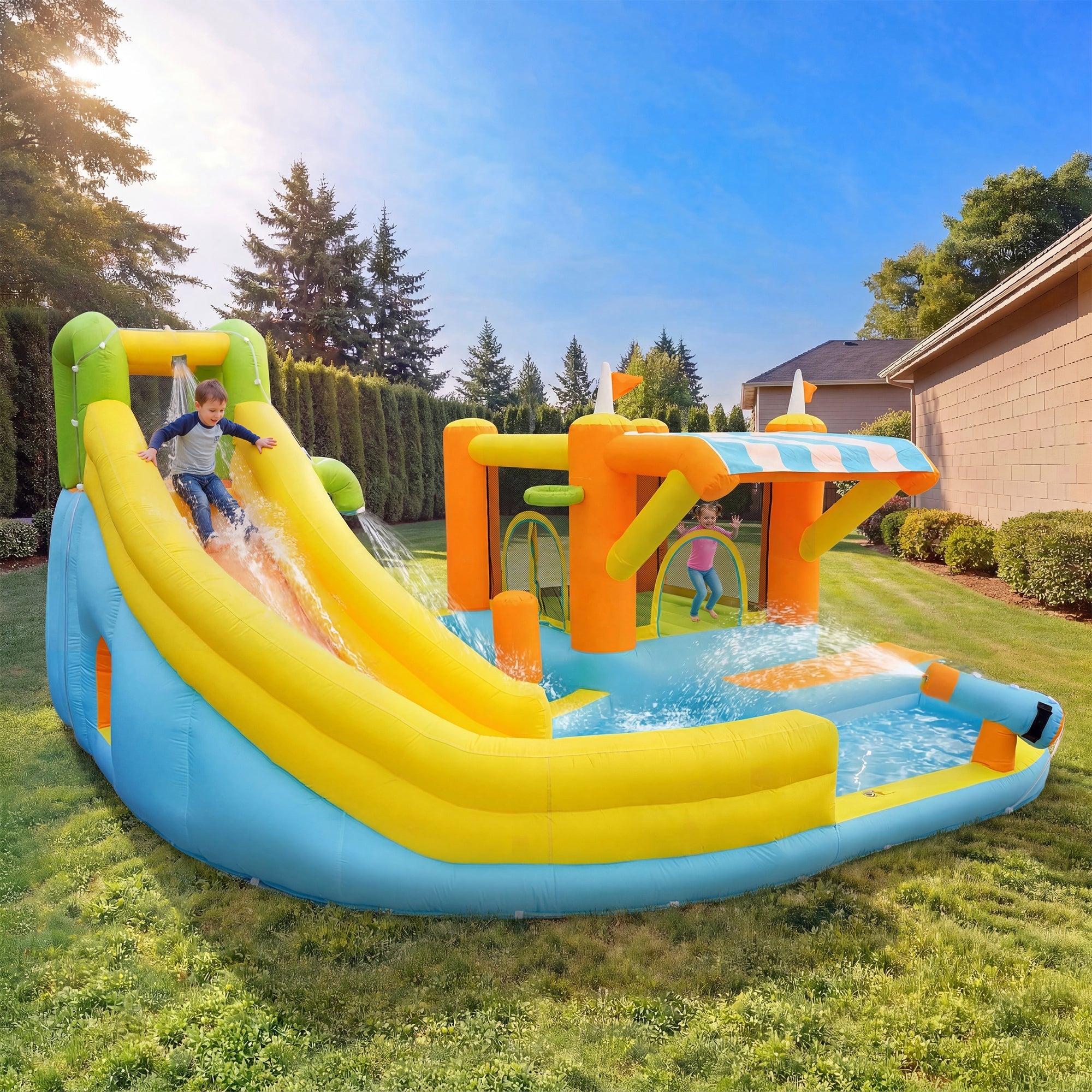 Inflatable Bouncy Castle Water Park with Slide, Pool and Blower, 433x375x165cm, Multicolor Outdoor Garden Toy