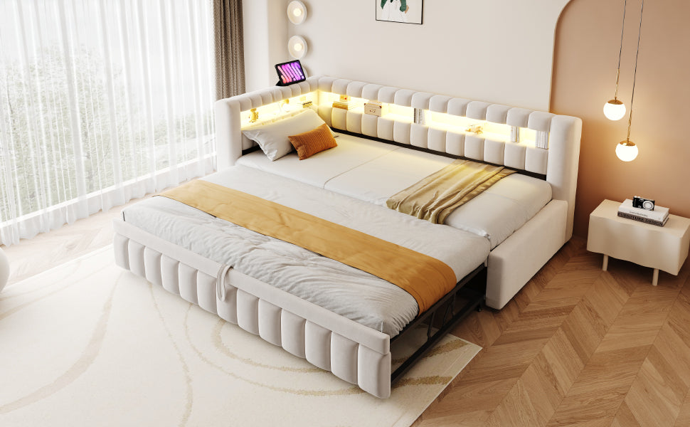 Upholstered Extendable Sofa Bed with LED and USB Port, 90x200cm, Beige Velvet
