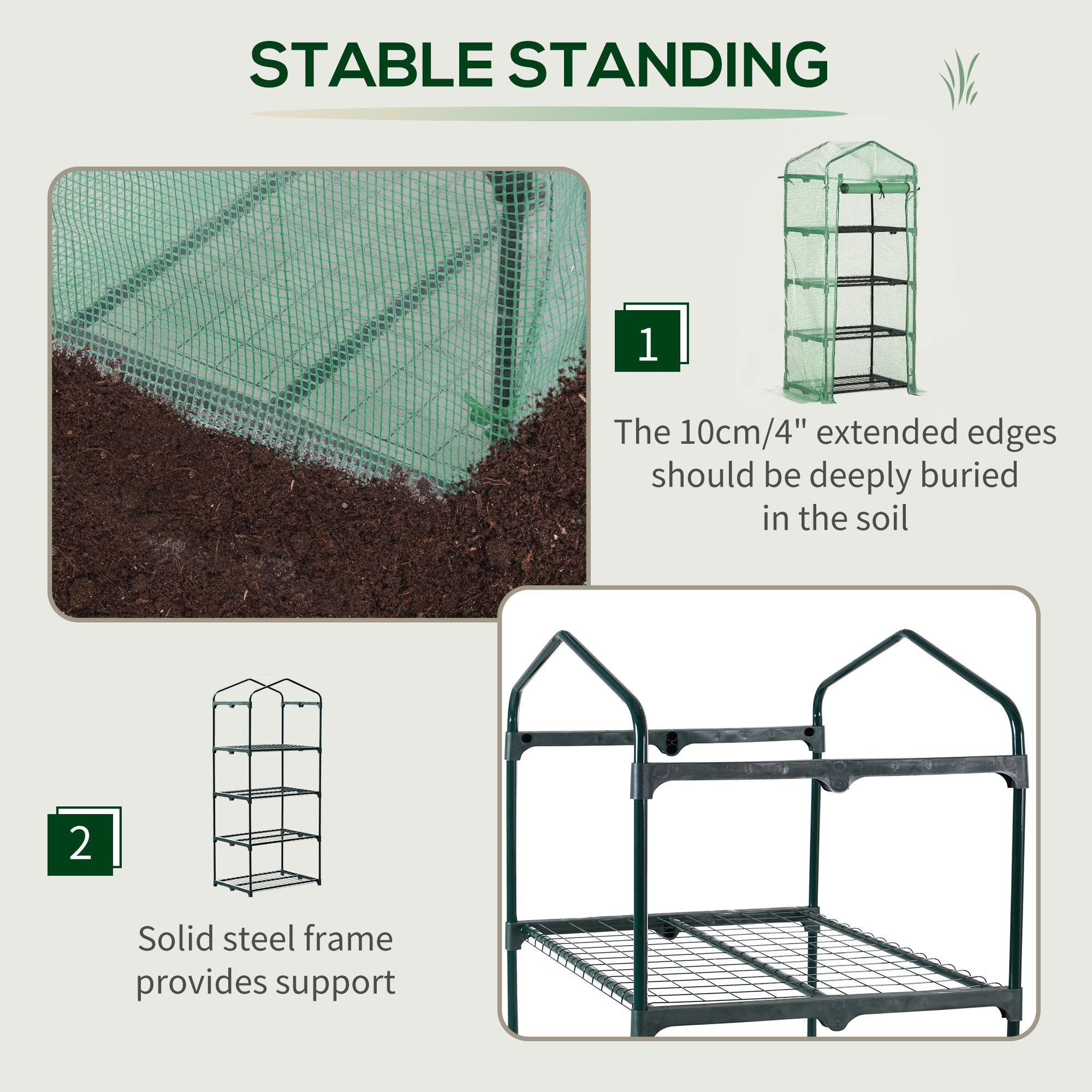 4 Tier Mini Greenhouse, Portable Steel Frame Roll-up Door PE Cover, Green