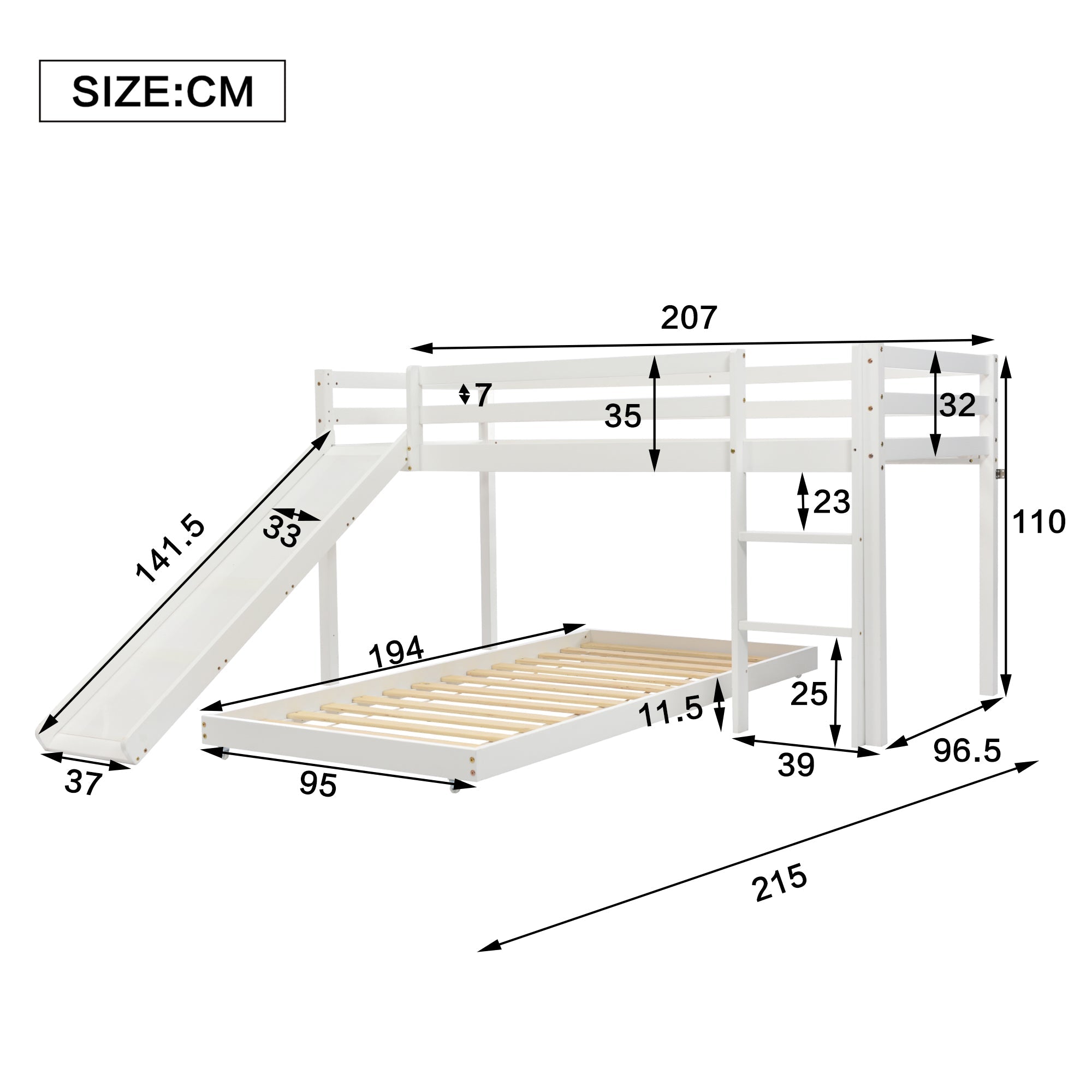 Children's Cabin Bed Frame with Slide & Ladder, Bunk Bed with Adjustable Lower Bed, White Wood