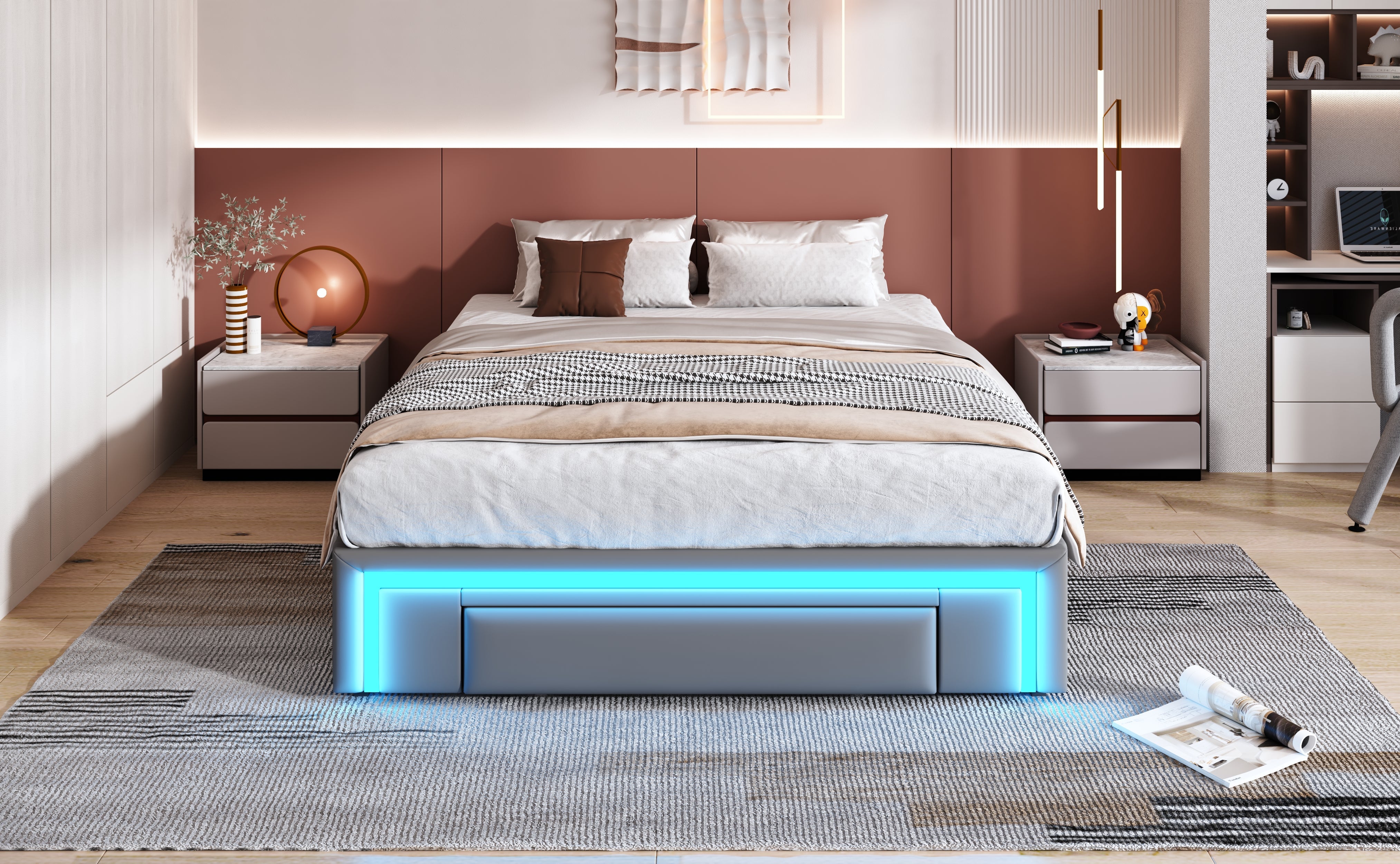 Bed Frame 140x200 with Drawers, LED Light Bar, Metal Slatted Platform, PU Leather, Gray