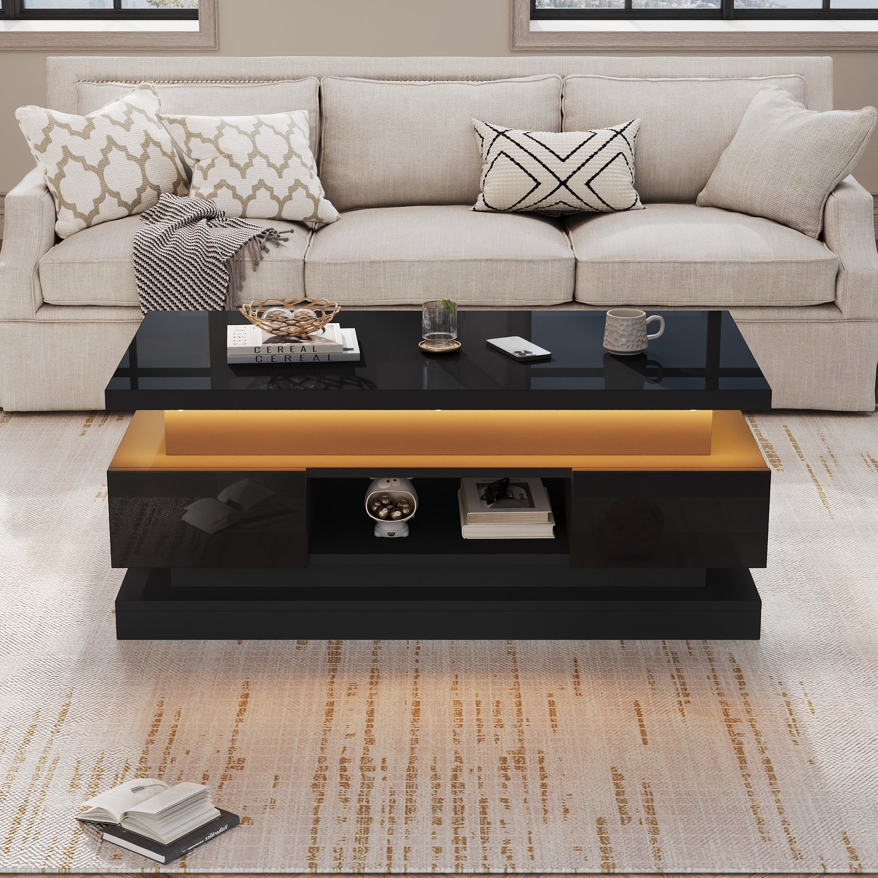 Lift-Top Coffee Table High-Gloss with LED Lighting 2 Drawers Hidden Storage Black Chipboard