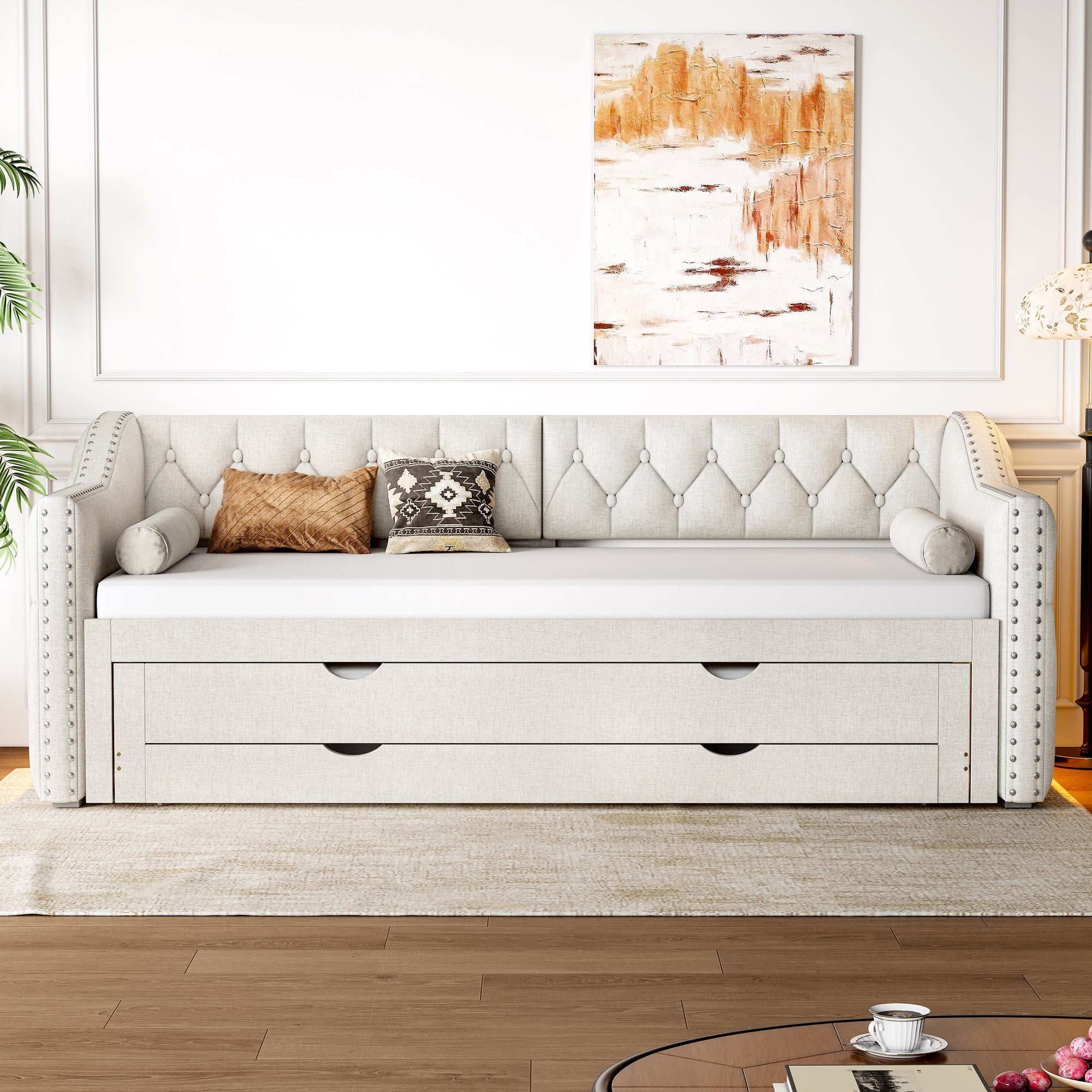 Upholstered Daybed 90x200 LED Pull-Out Bed 3 Drawers - Beige