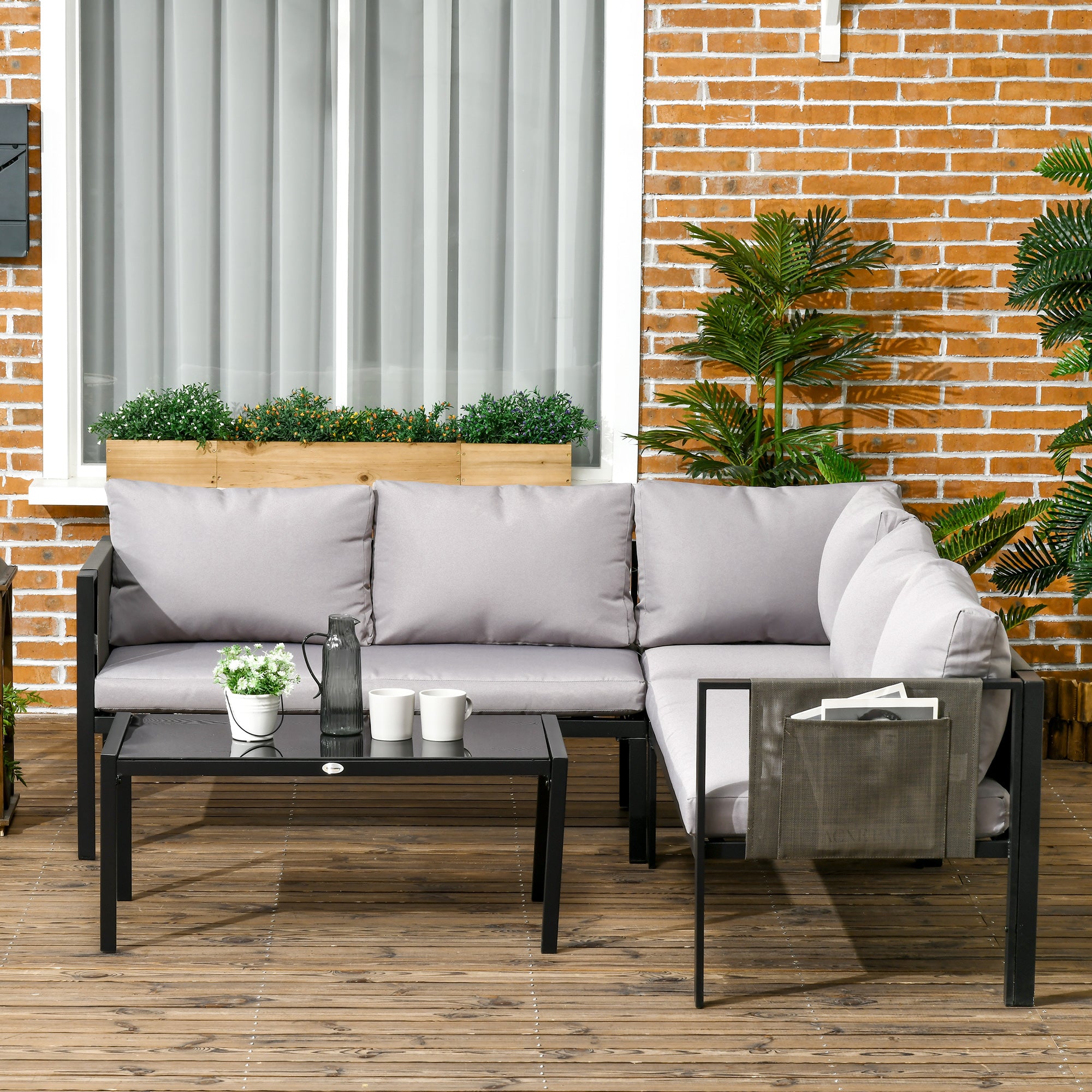 5 Seater Garden Corner Sofa Set 4 Piece Metal with Glass Table Light Grey