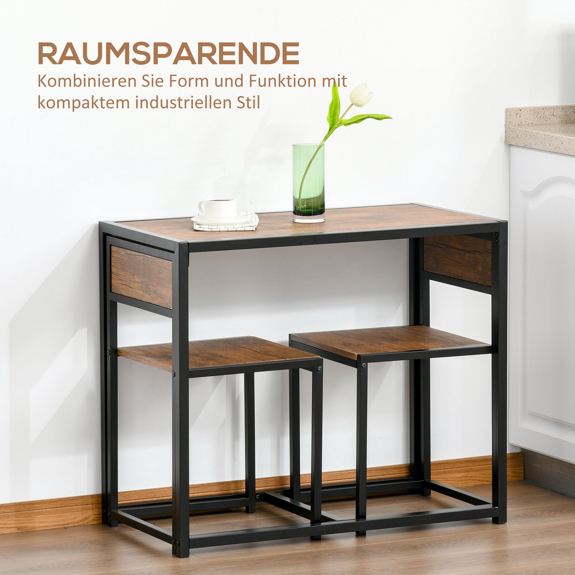 Essgruppe mit 2 Stühlen, Metall und Naturholz