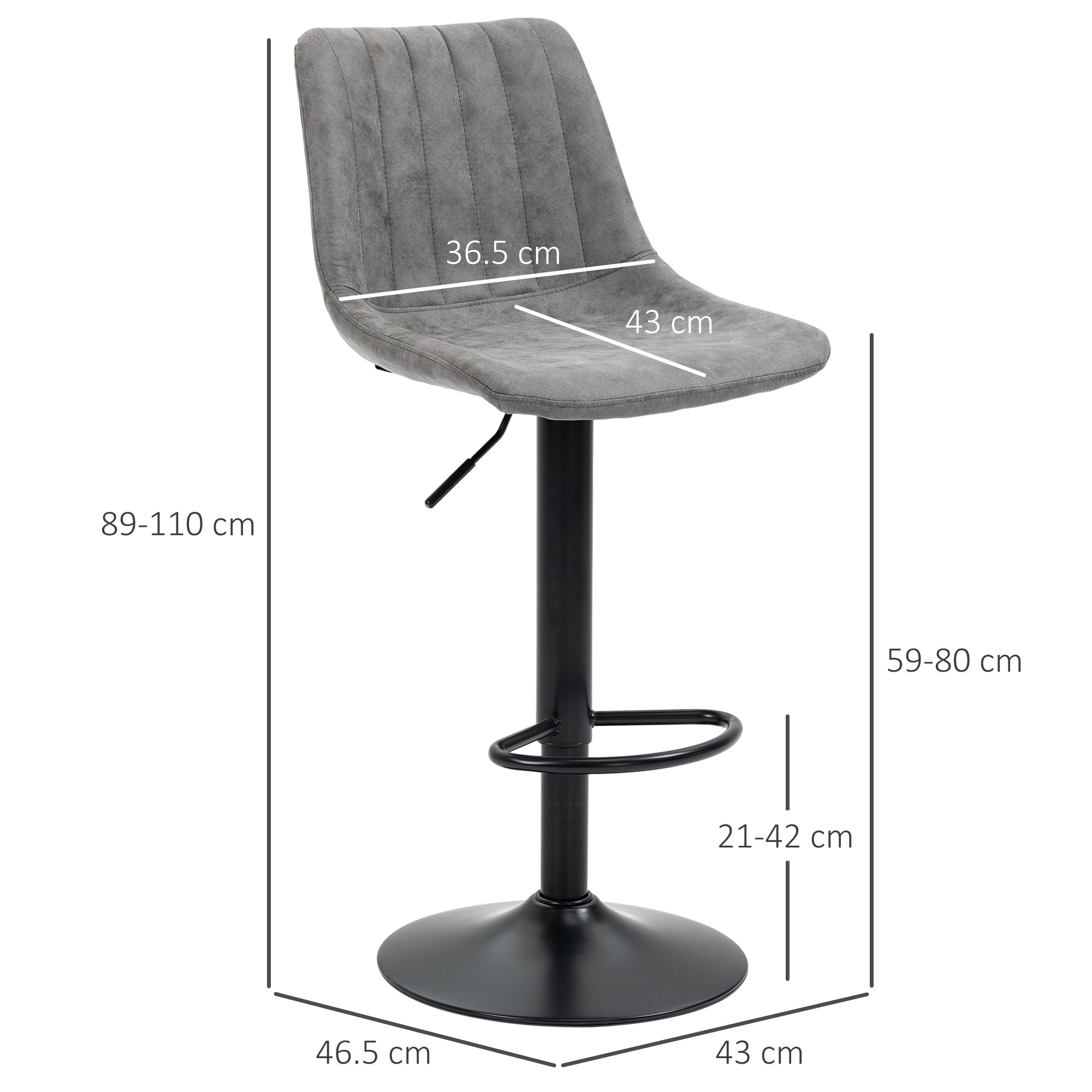 Modern Bar Stools Set of 2, Height Adjustable Swivel with Backrest, Gas Lift, Footrest, Microfibre, Grey