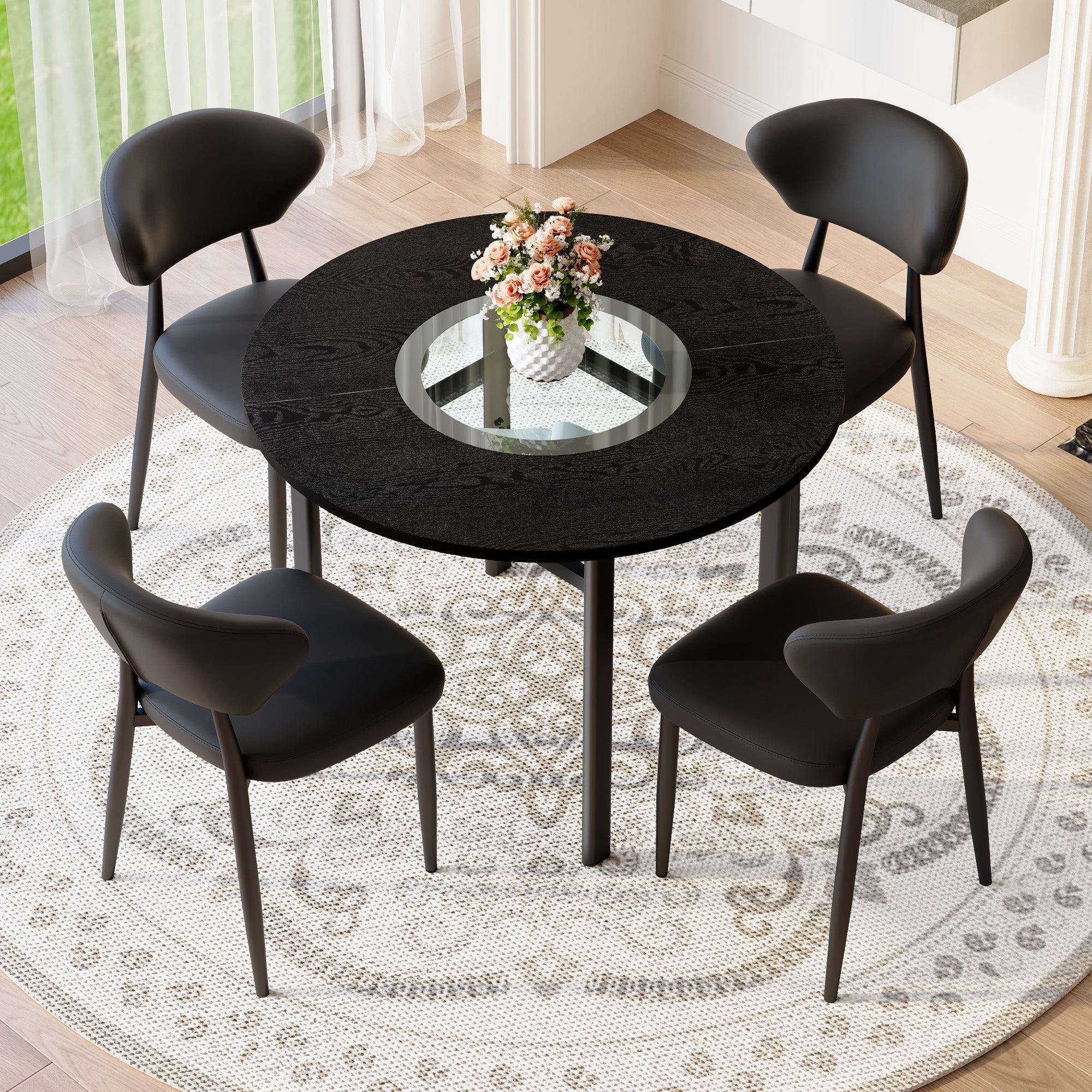 Minimalist Round Table Set 100cm 4 Armchairs - Black PU/Wood Look