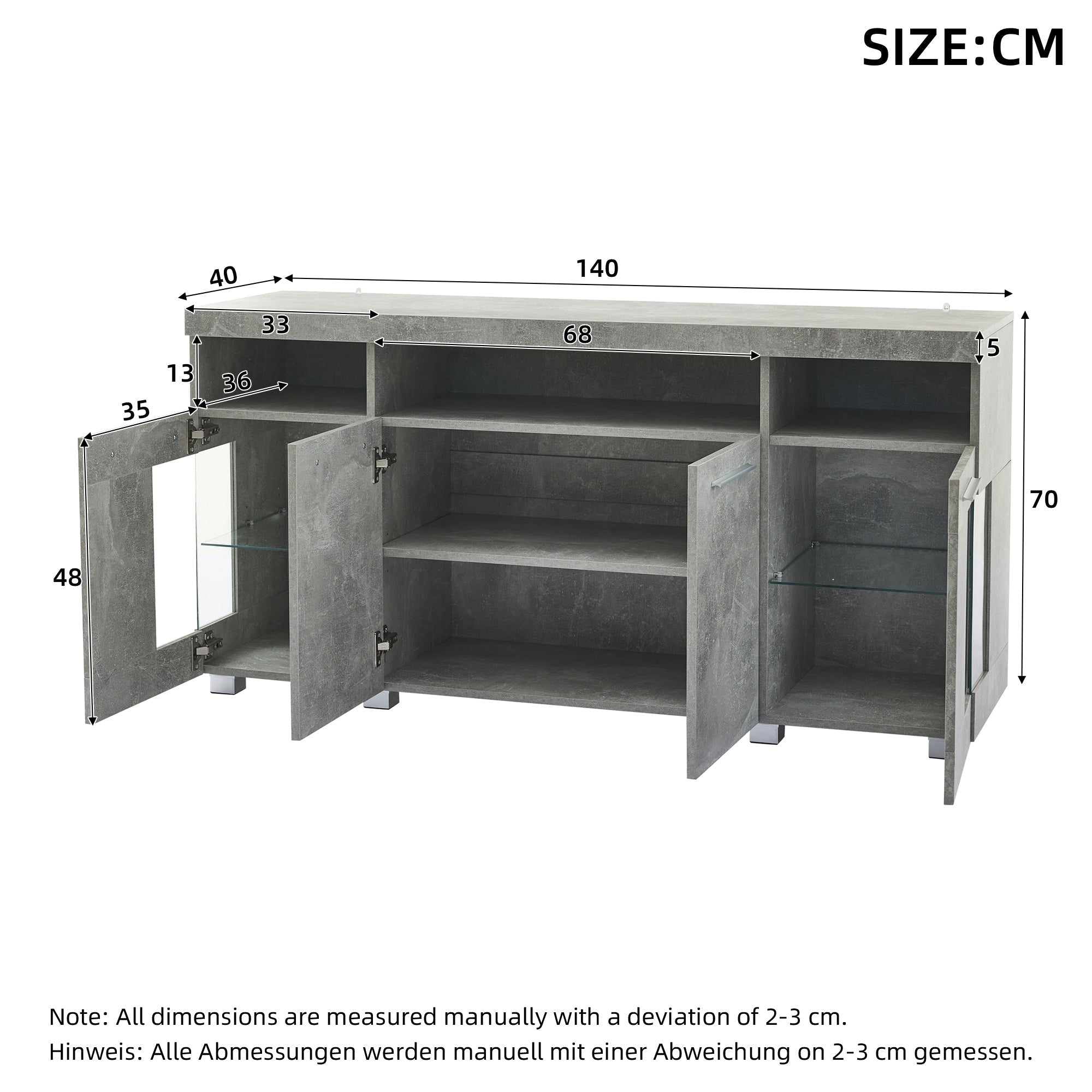 Sideboard Cabinet High-Gloss LED Light Tempered Glass 3 Compartments, Cement-colored
