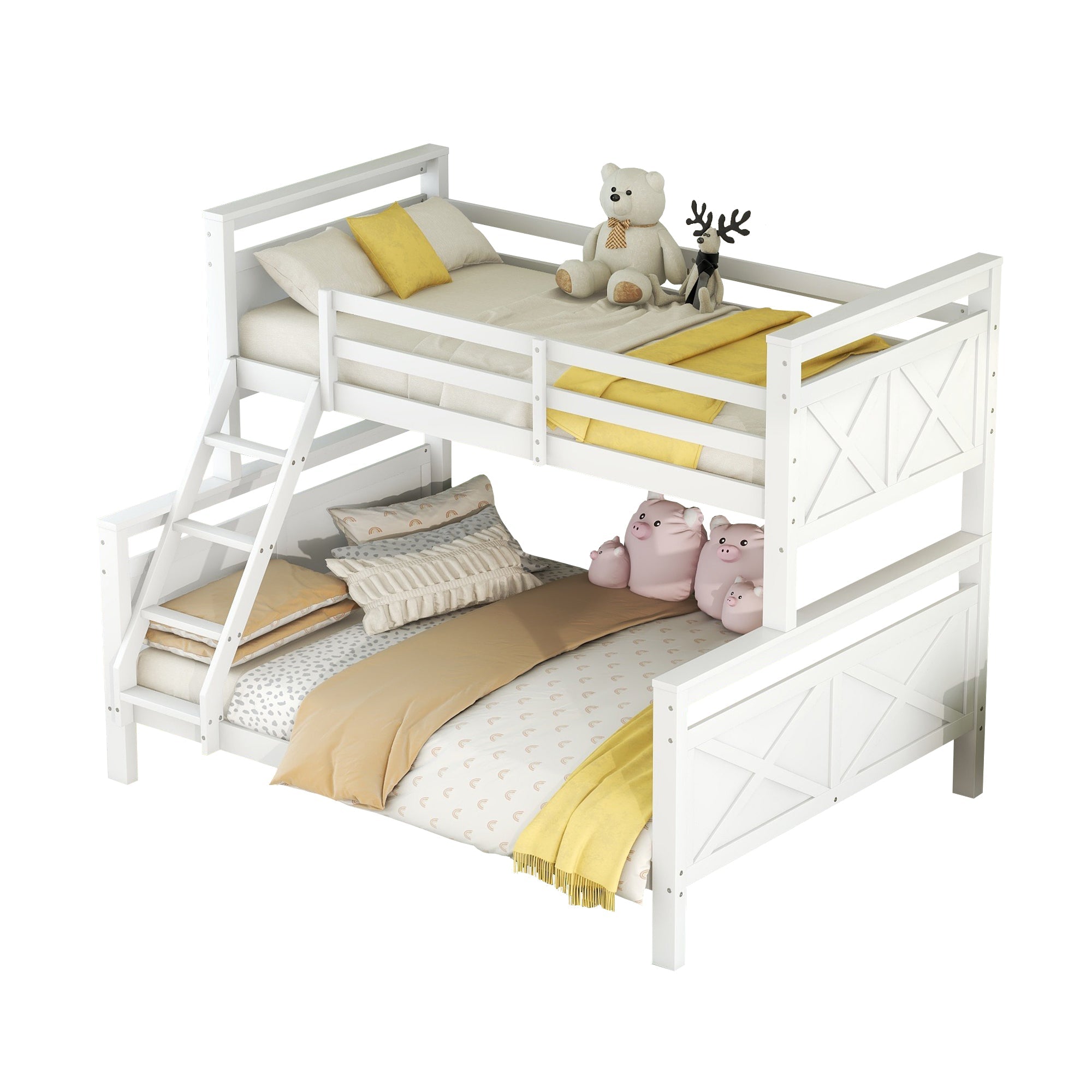 Bunk Bed Convertible to 2 Separate Beds Ladder Railing 90(140)x200cm - White Wood