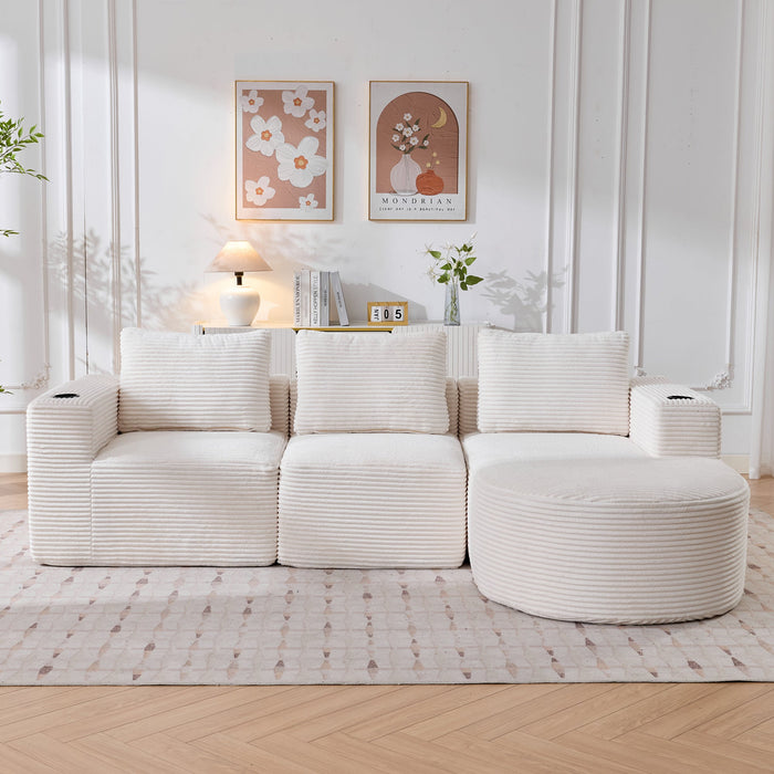 Double Sofa with 3 Pillows and 2 Cup Holders, 265cm Wide Fully Compressed, Feather and Plastic