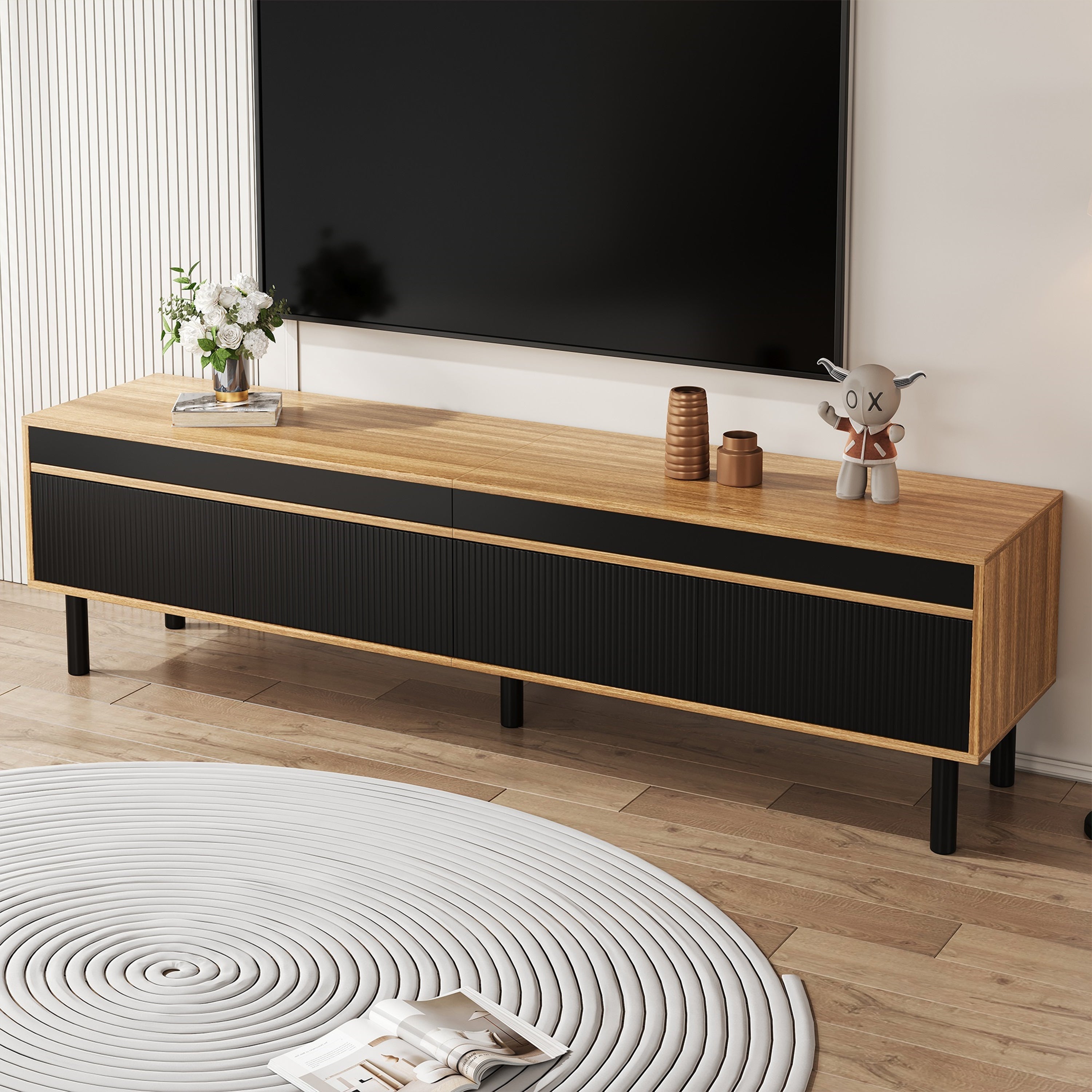 TV Cabinet, Low with Four Doors, Black and Wood