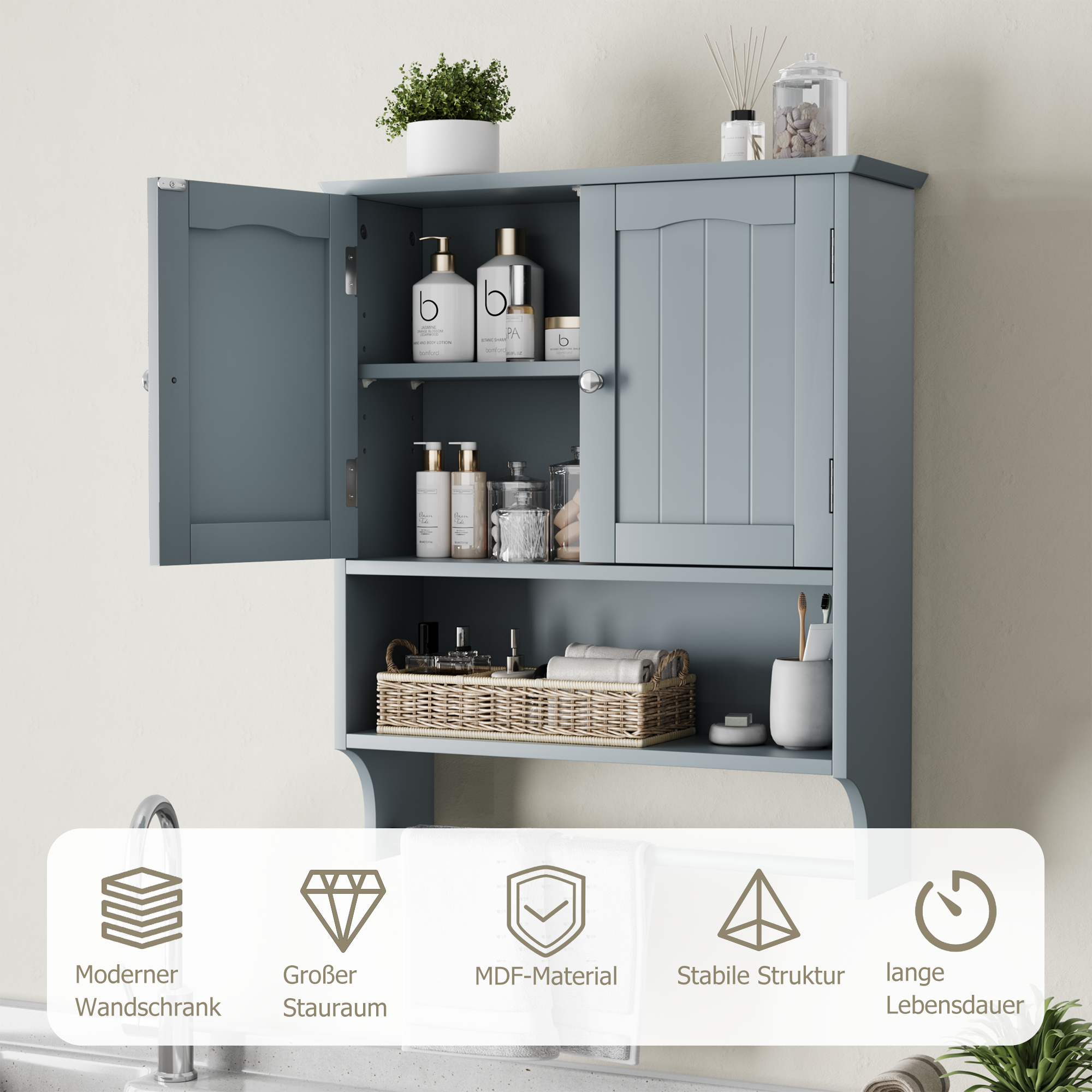 Bathroom Wall Cabinet, 2 Doors, Open Shelves & Towel Rail, Grey