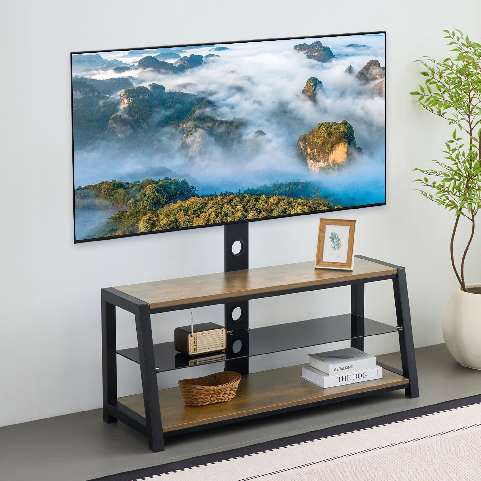 Wooden TV Cabinet Height-Adjustable Swivel Stand Wall Mount Black Tempered Glass Brown