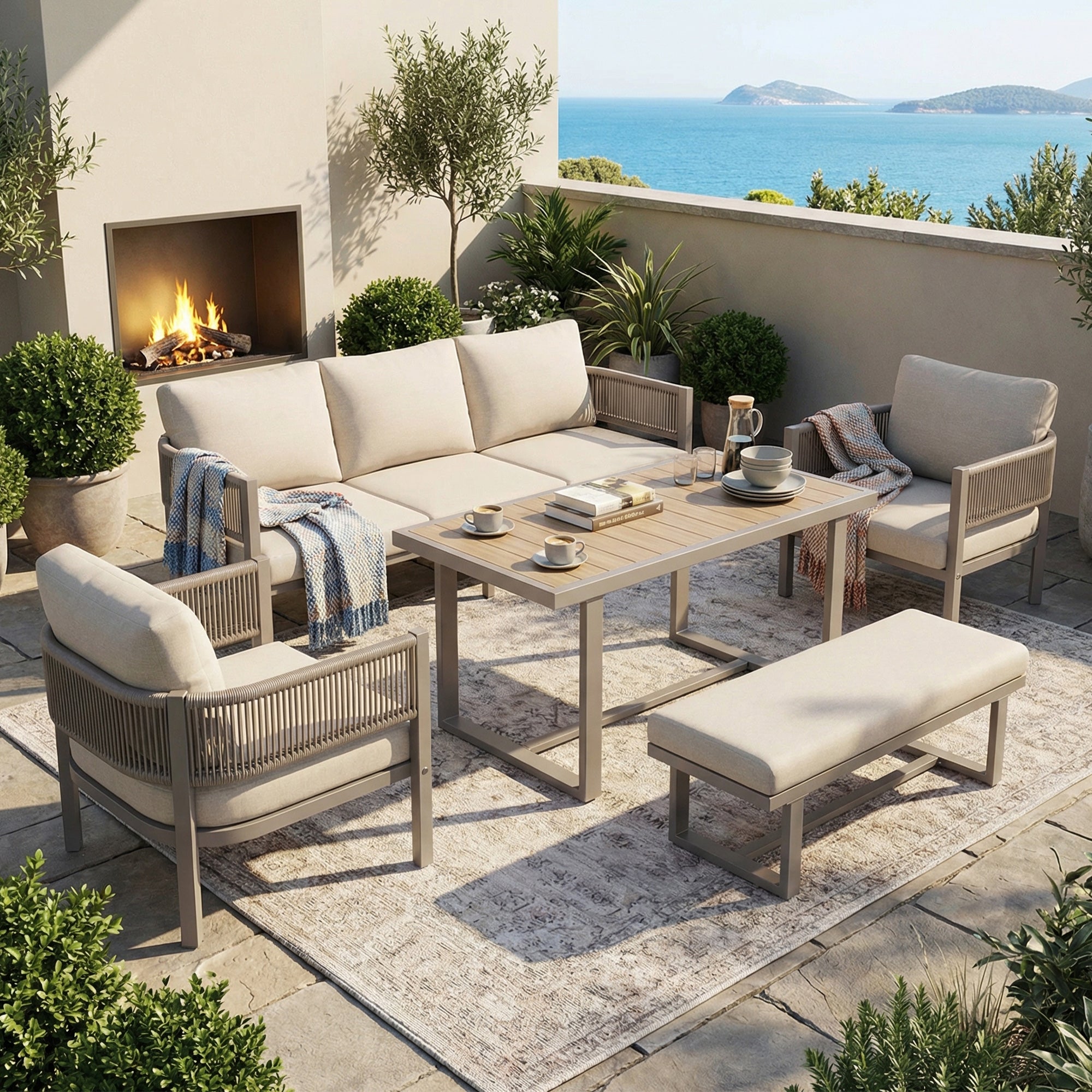 Garden Lounge Set with 3-Seater Sofa, 2 Armchairs, Bench and Dining Table, Beige PE Woven Rope and WPC Tabletop