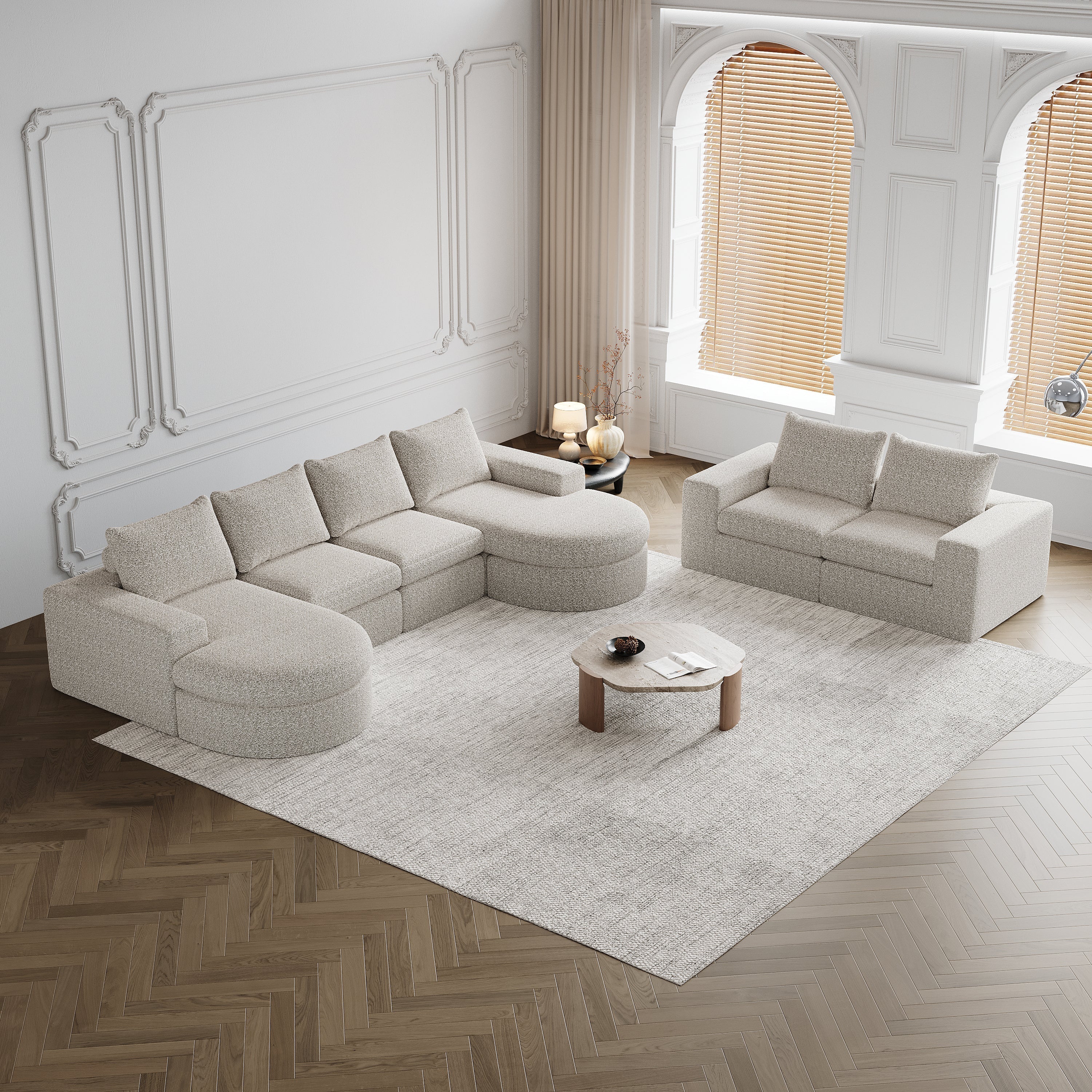 Chenille Curved Sofa with Recliner, Modular L-shaped, Two-Piece Set