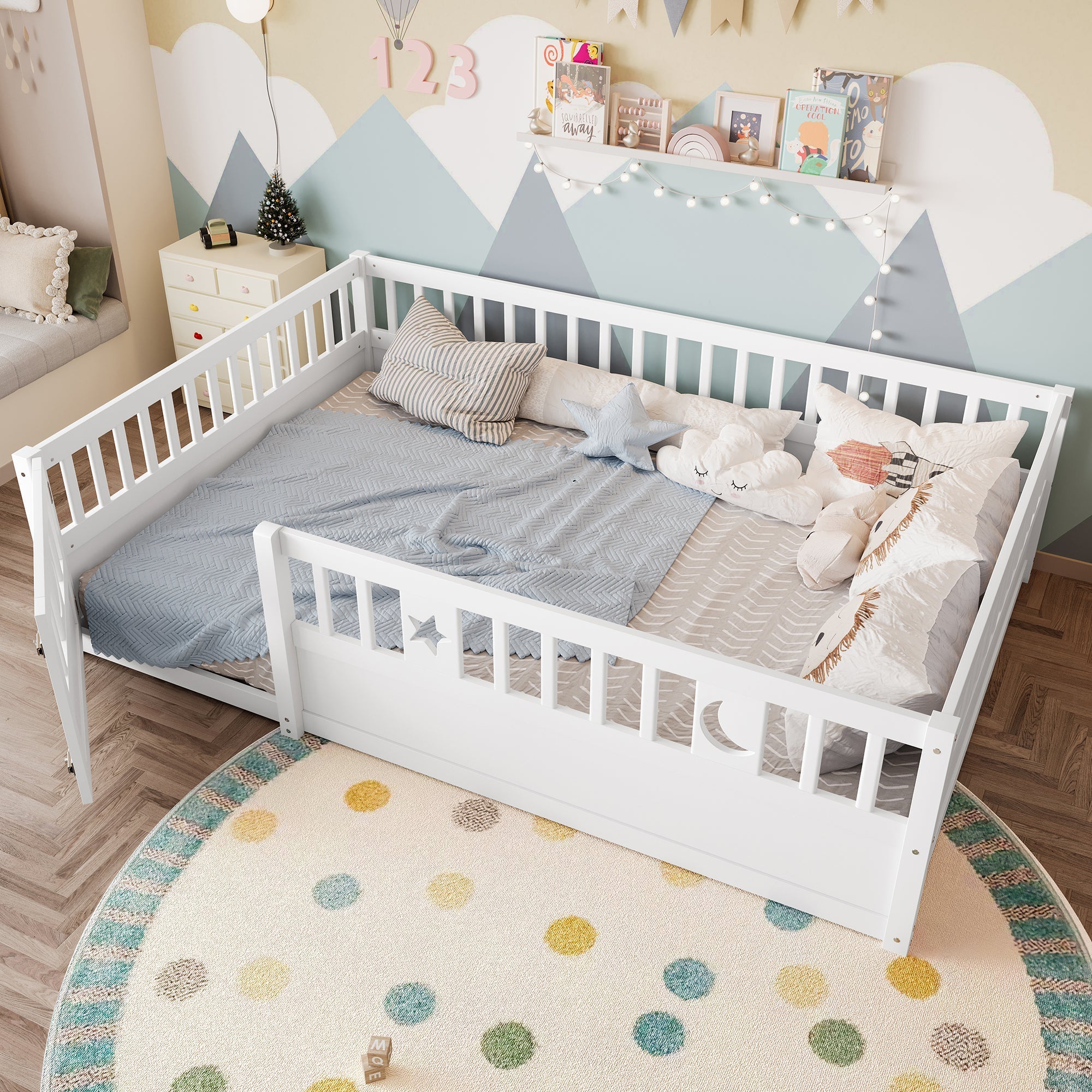 Panel Bed 140x190cm Children's Railing Star & Moon - White