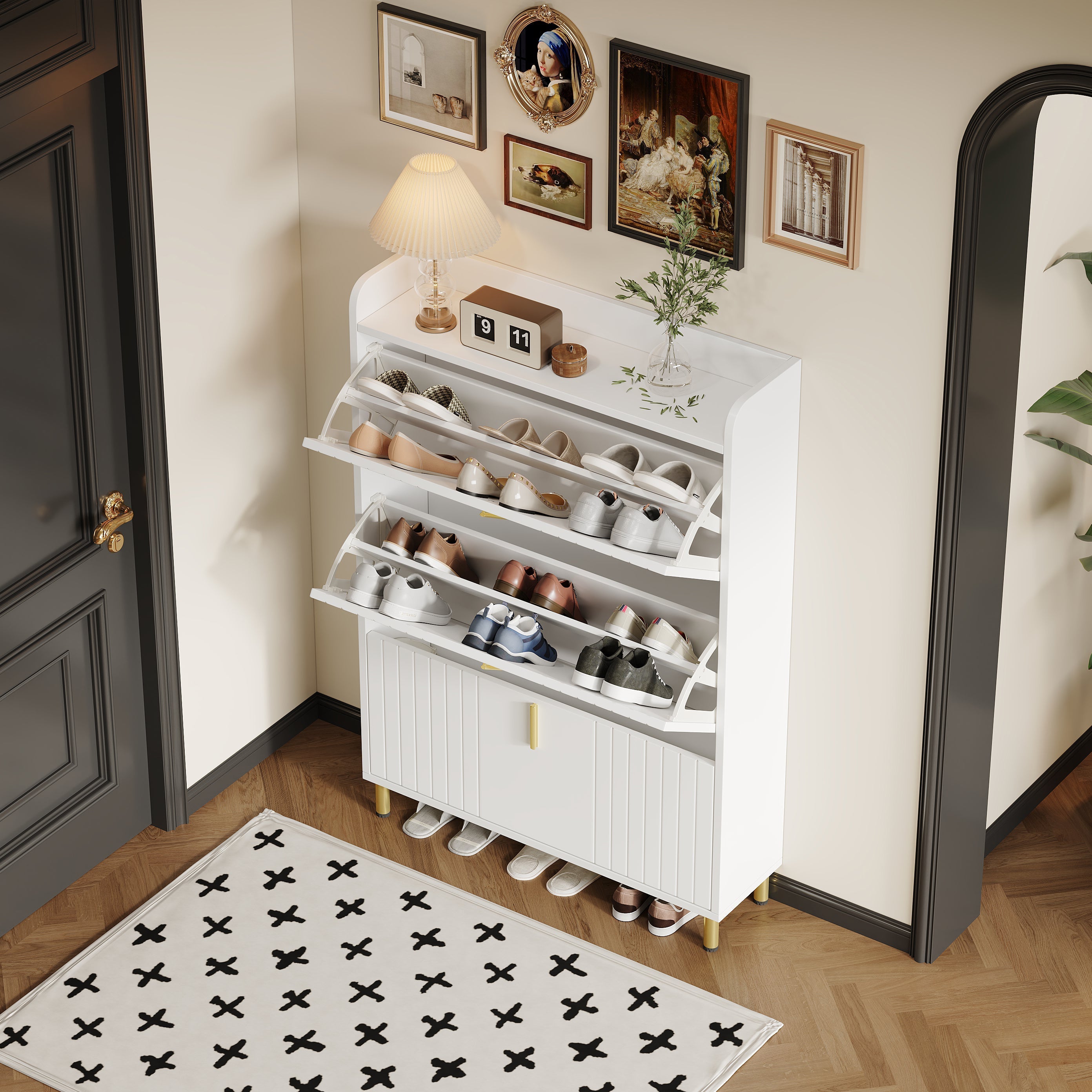 Shoe Cabinet with 3 Doors, Narrow 6 Compartment Adjustable - White