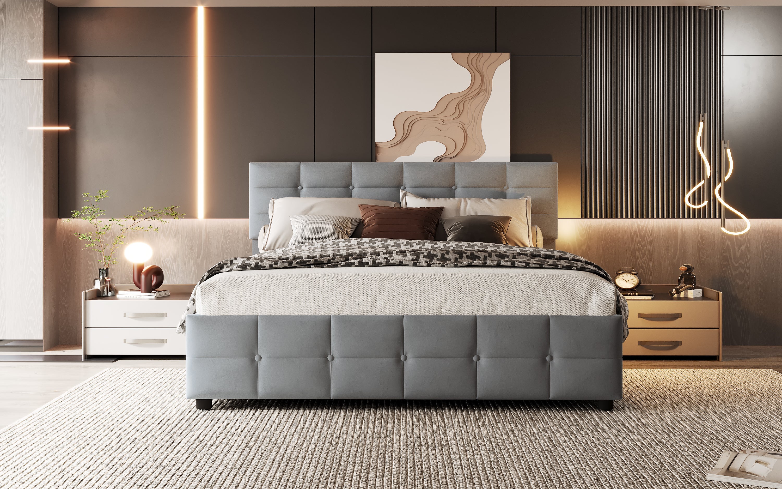 Upholstered Bed, 180*200cm Hydraulic Single with Slatted Frame, Dutch Velvet Grey