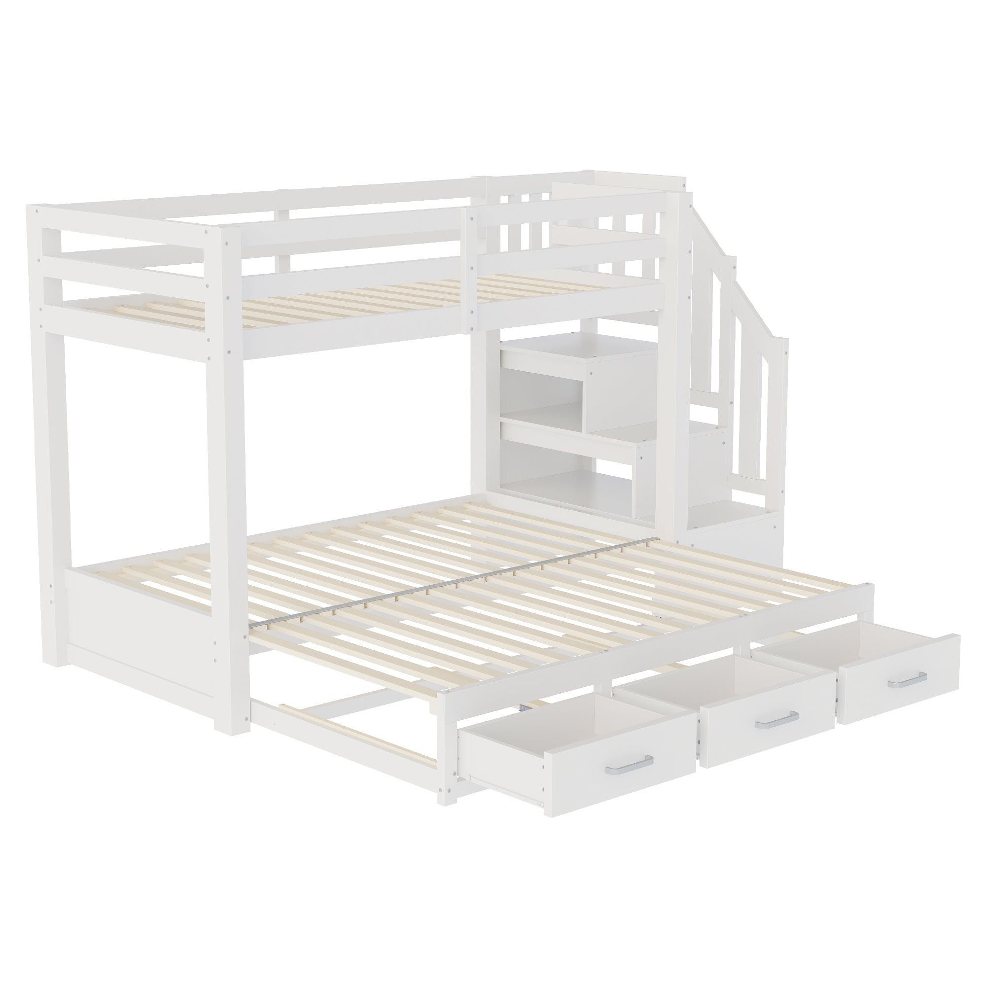 Bunk Bed with Pull-out Bed, Storage Ladder and Drawers, 90x200cm, White Wood
