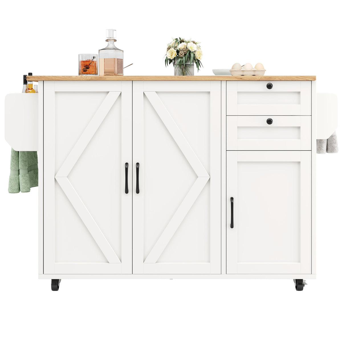 Kitchen Island Sideboard Multifunctional Dining Table Storage Wood Grain - White
