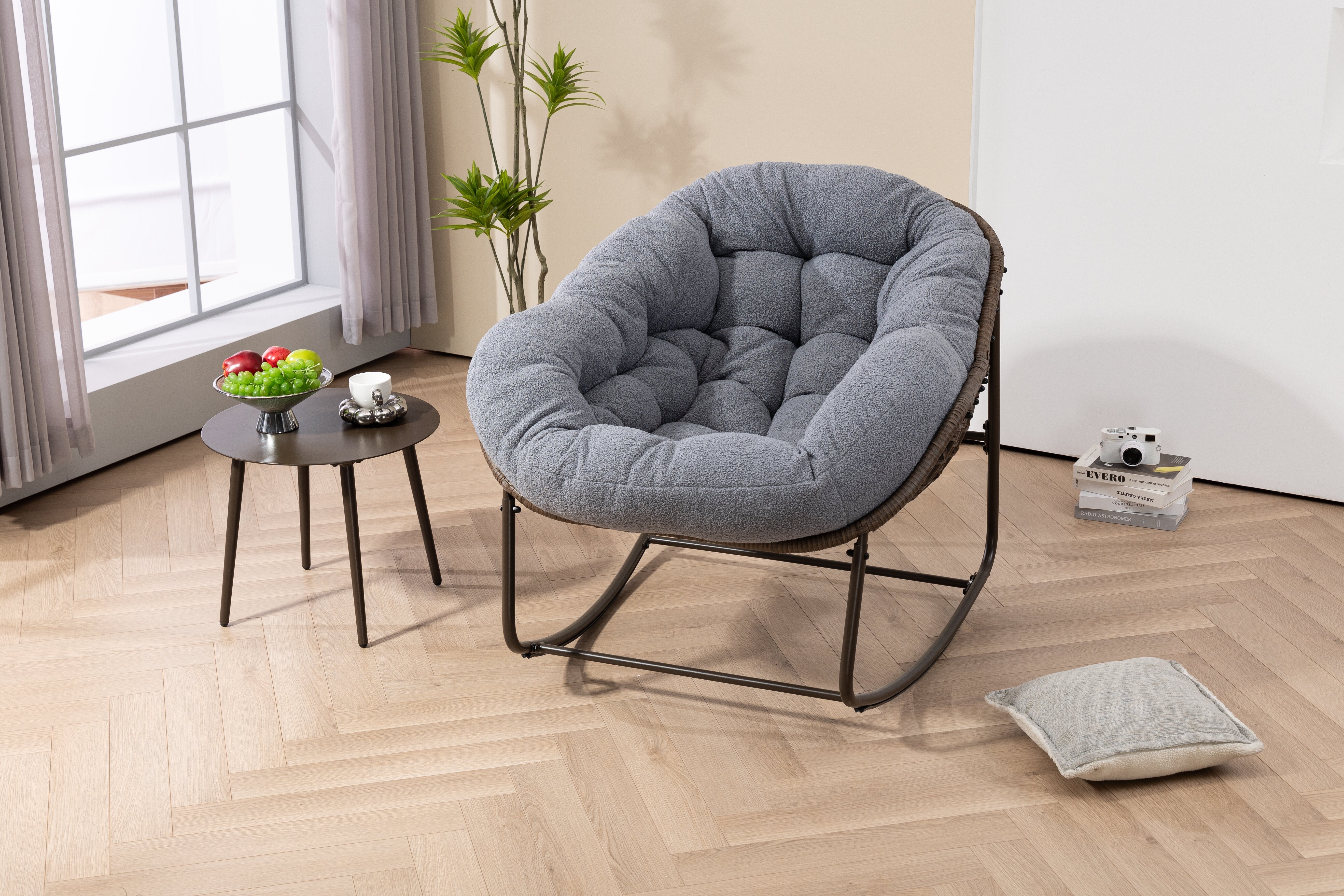 Outdoor Rattan Rocking Chair Padded Cushion Recliner, Gray