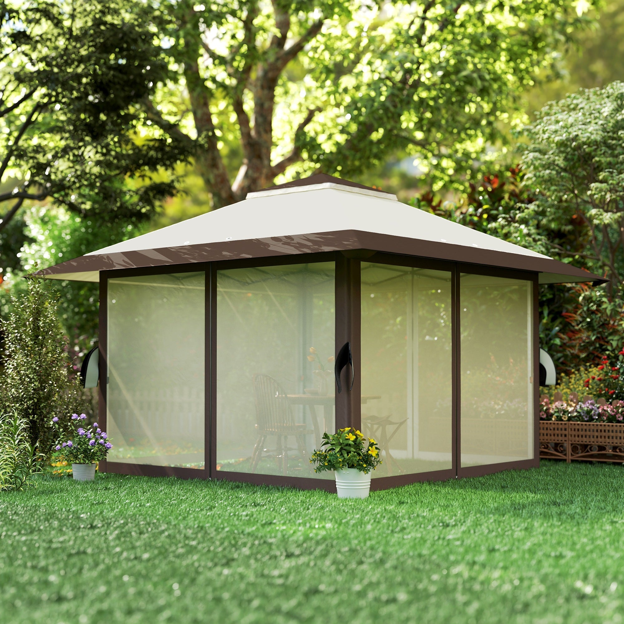 4x4m Pop-Up Pavilion, Height Adjustable, UV 50+ Mesh Walls, Beige