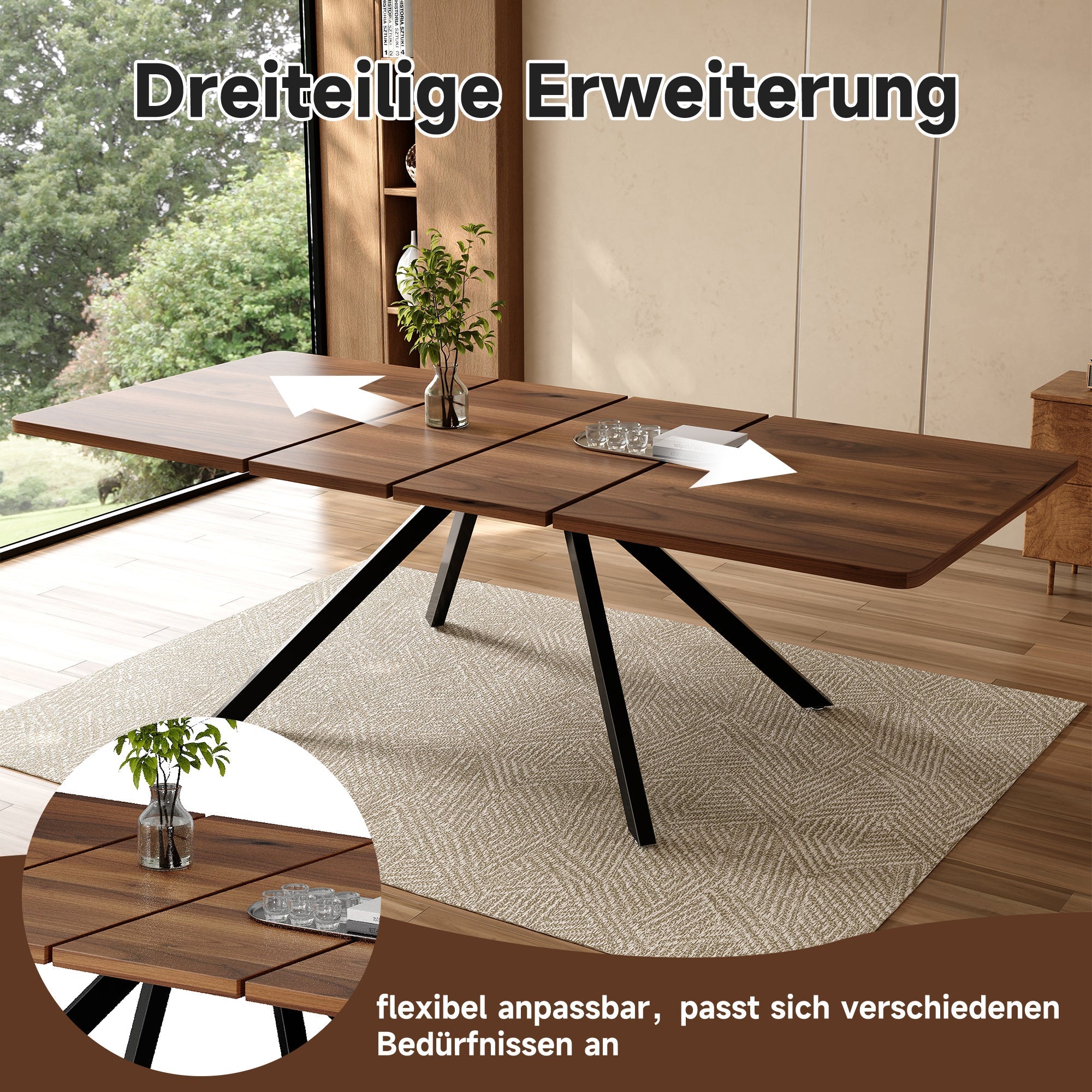 Extendable Dining Table 160-240cm 6-10 Seater Metal Legs - Walnut Color