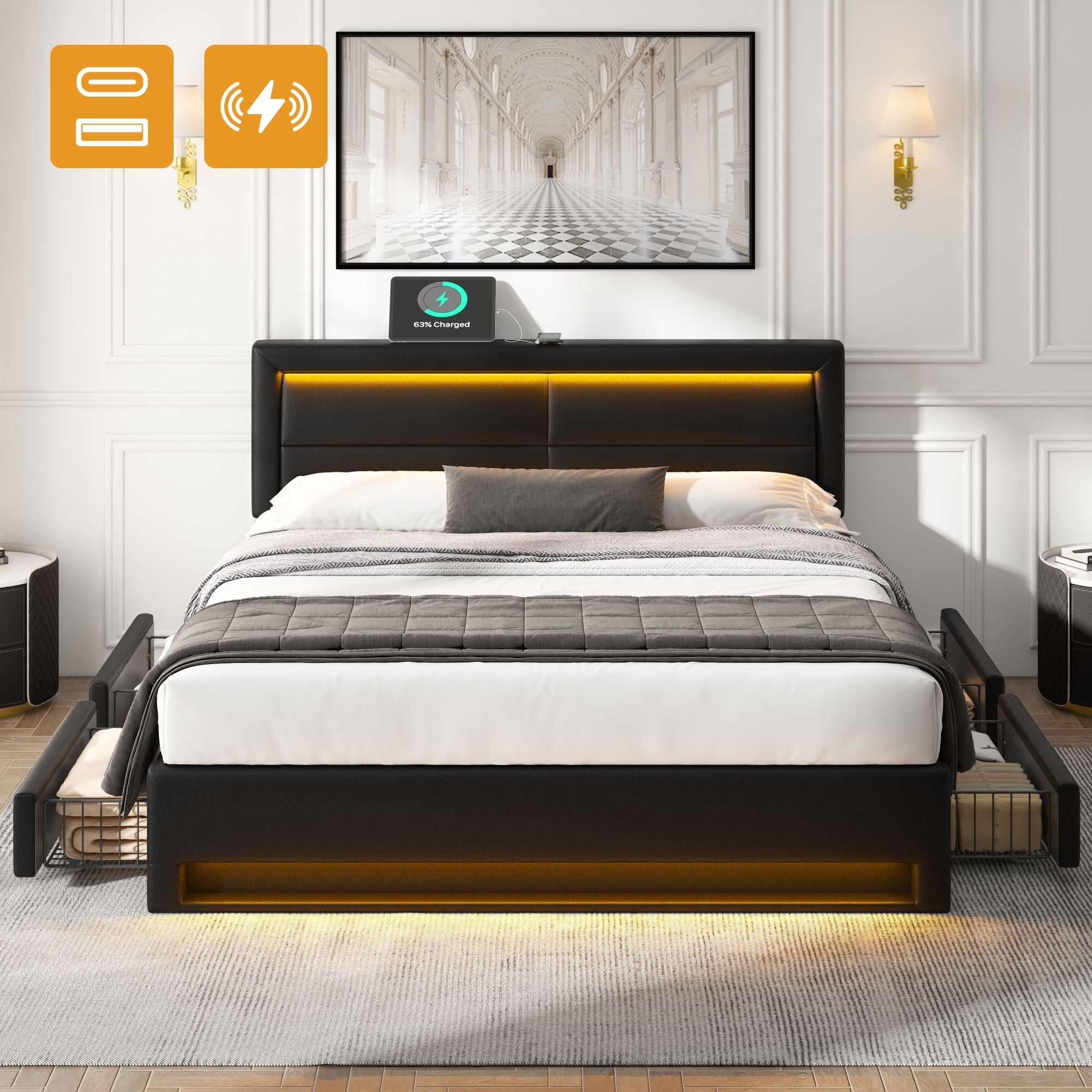 Upholstered Bed 140x200cm USB LED Light 4 Drawers - PU Black