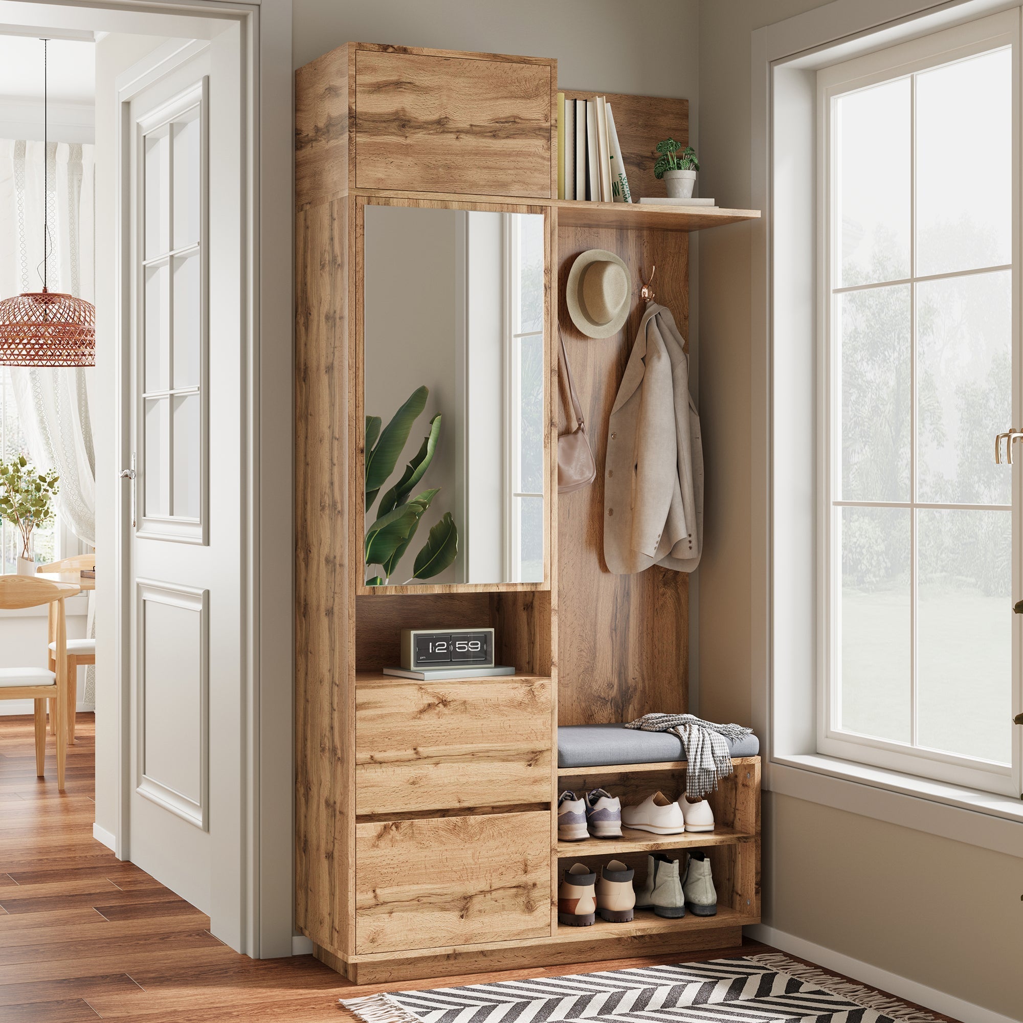 Compact Wardrobe with Mirror, Bench, Shoe Cabinet & Hooks, Natural MDF