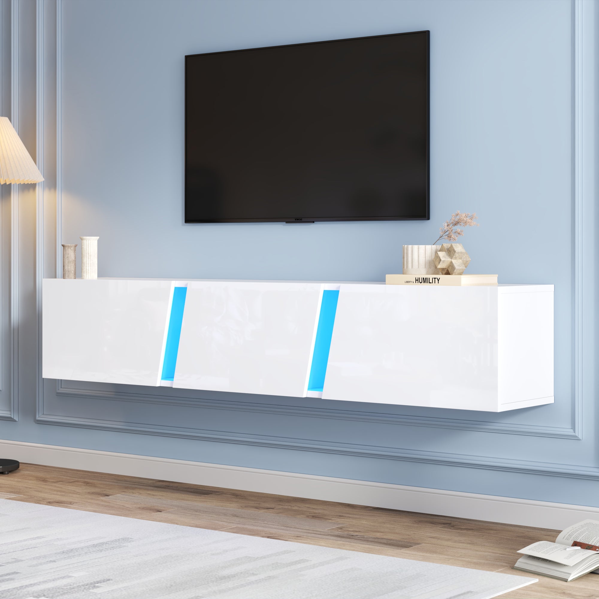 TV Cabinet 180cm Wall-Mounted Lowboard with LED Lights, 3 Doors, White
