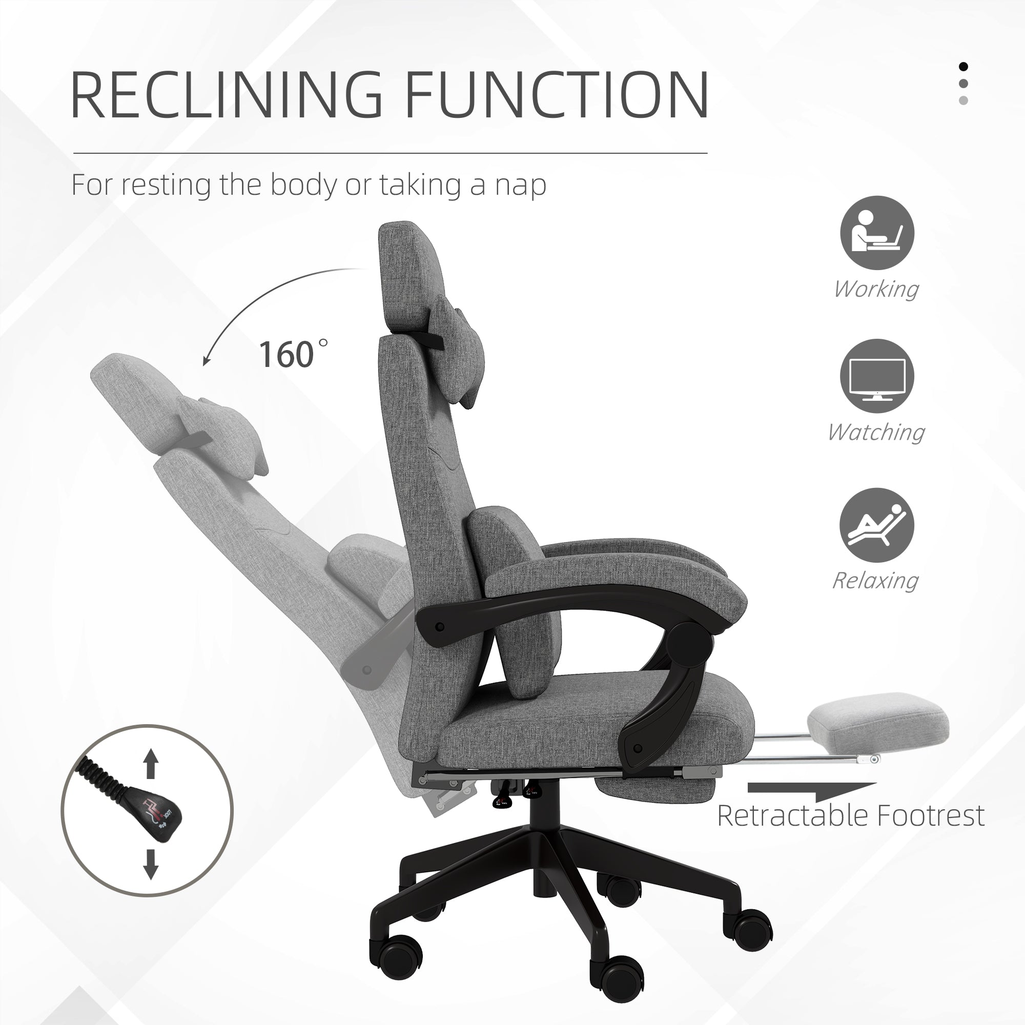 Linen-Look Office Chair with 160° Reclining Back and Footrest - Grey