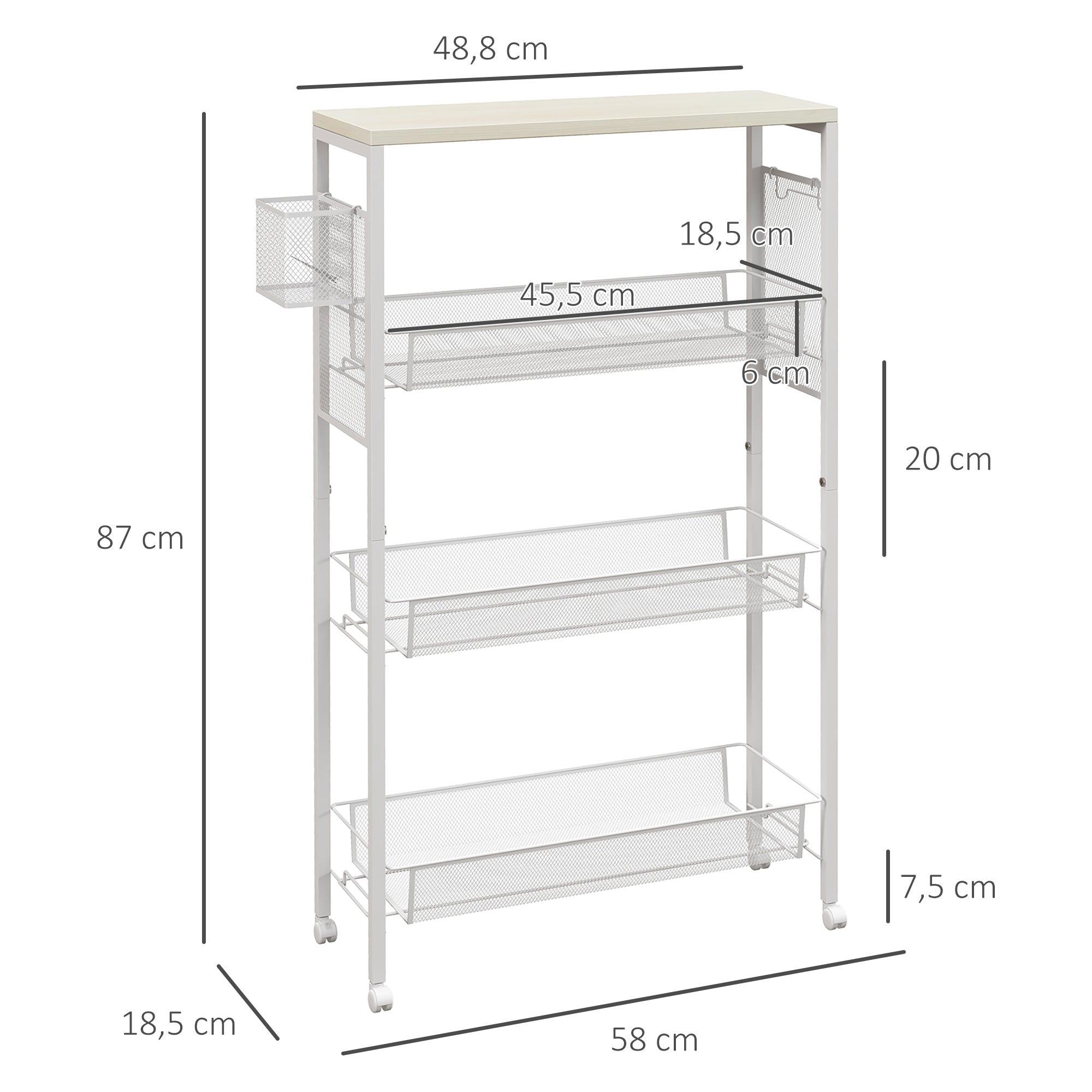 Kitchen Trolley Serving Cart, 3 Levels, Worktop, Hooks, Steel, White