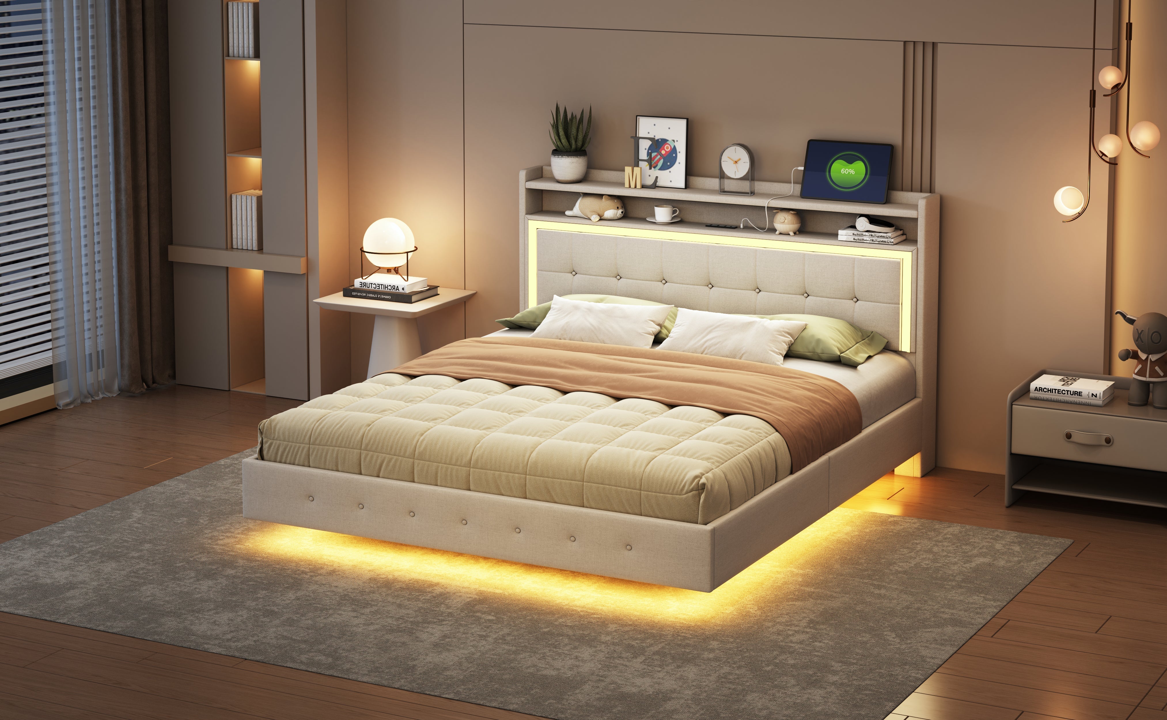 Upholstered Bed 160*200, USB & LED, Double Flat, Linen Fabric Beige
