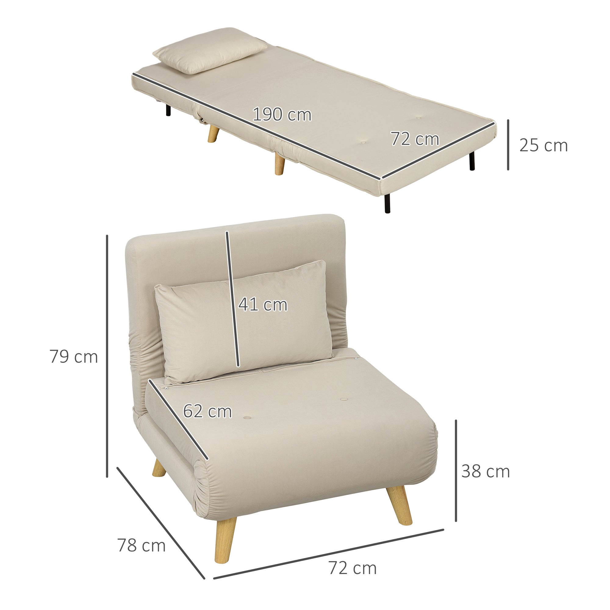 Folding Recliner Chair, Bed Function Adjustable Backrest, Velvet Look Beige