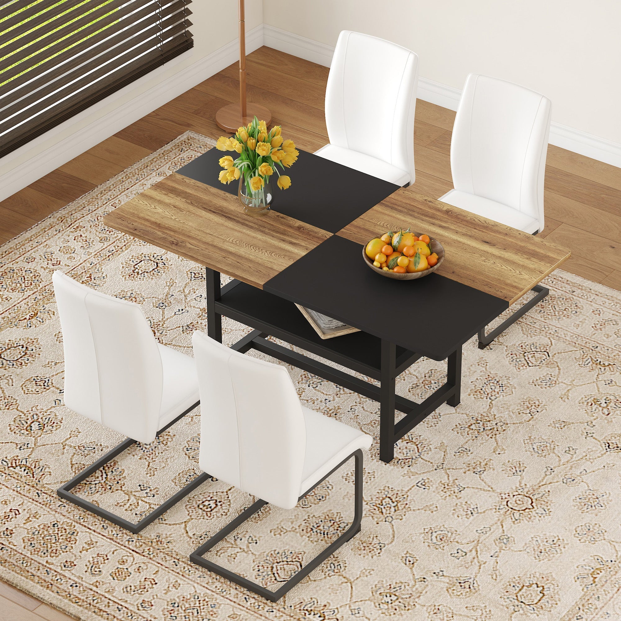 Table Set Rectangular Dining Table Storage Shelf 4 Armchairs Faux Leather White