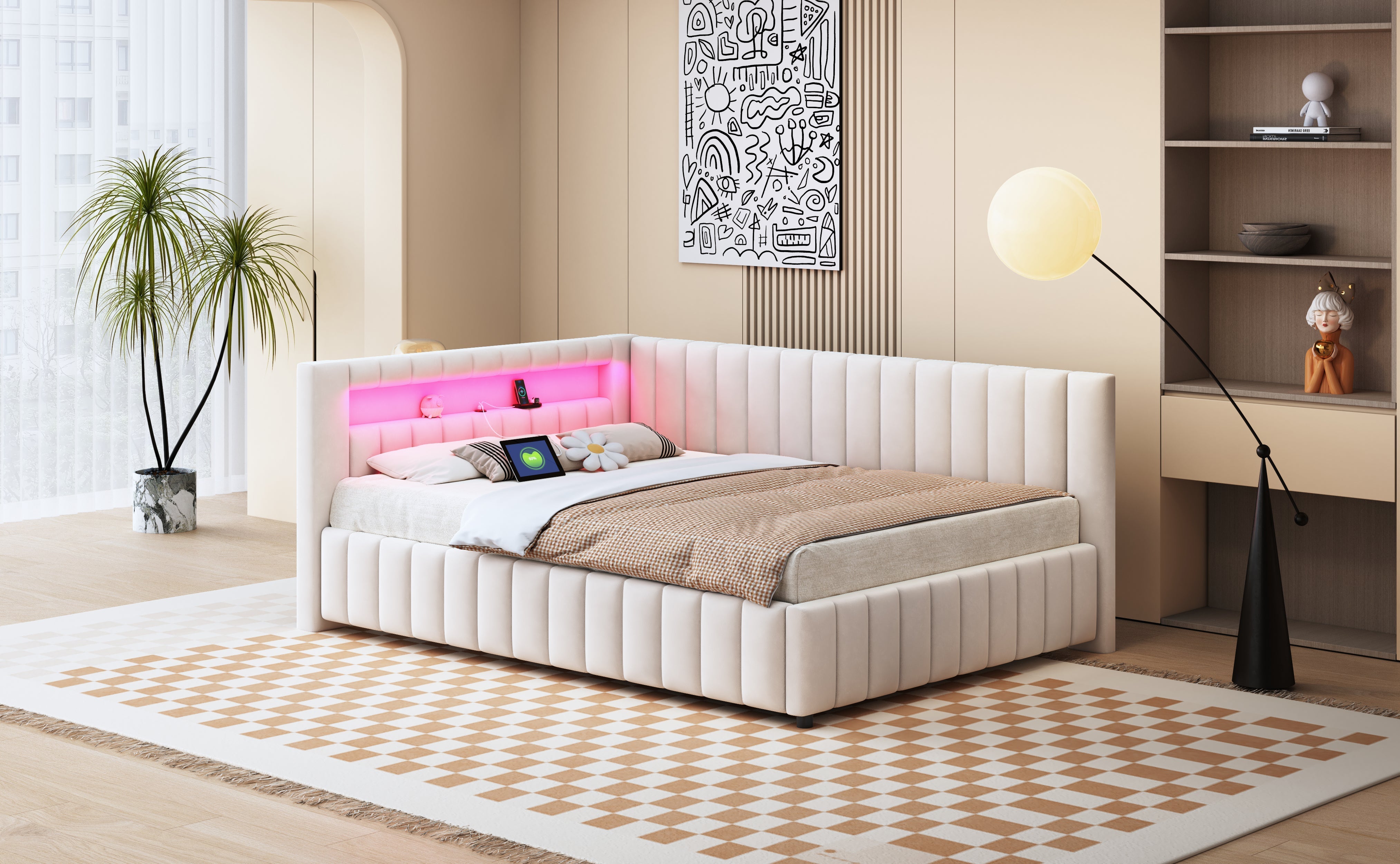 Upholstered Sofa Bed 140x200 with LED & USB Charging Port, Velvet Beige
