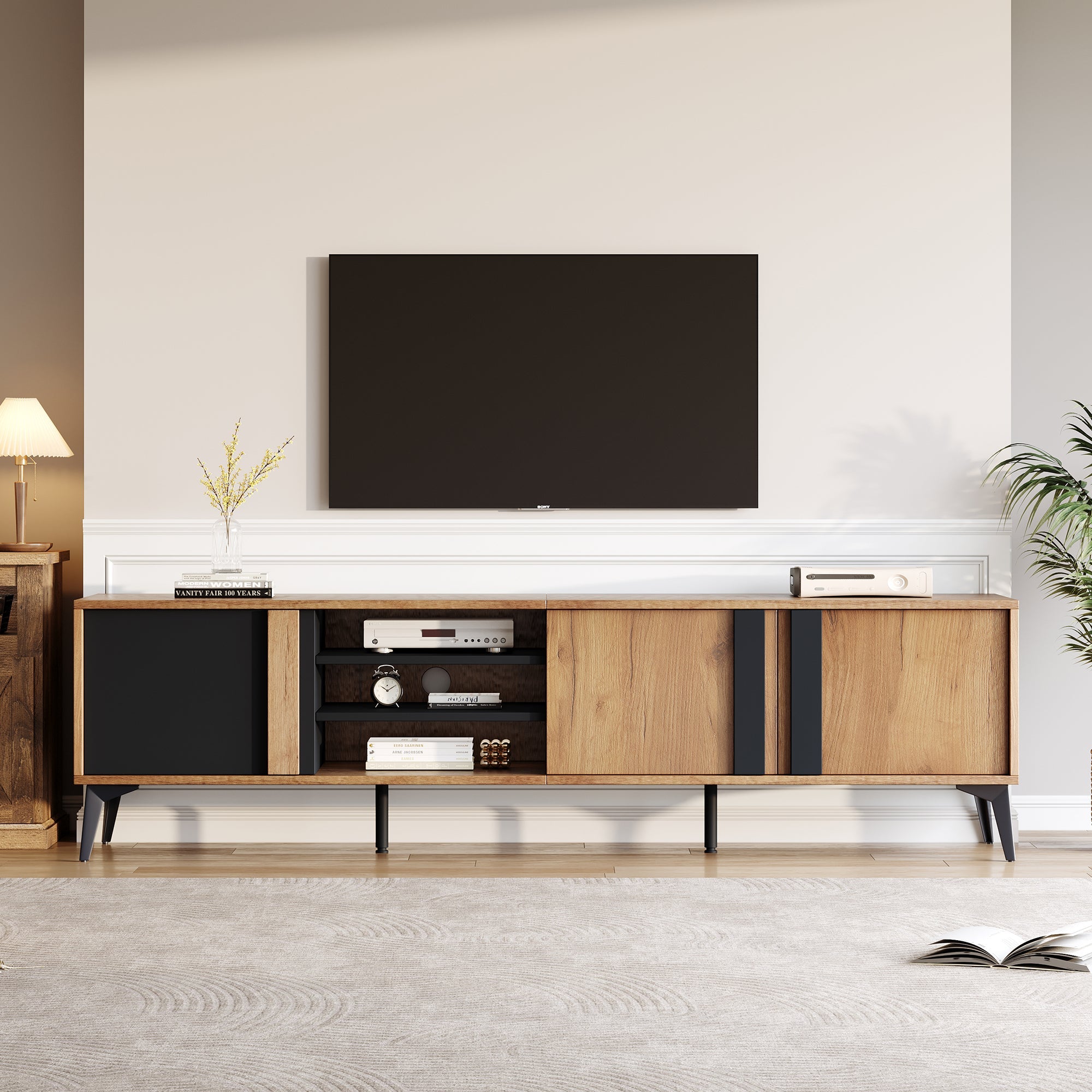 TV Cabinet, Lowboard TV Unit with Door & Open Compartment, 180cm, Rustic Brown