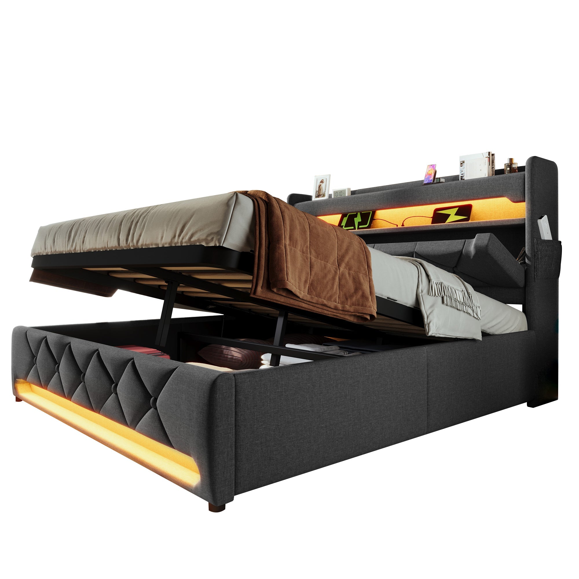 Upholstered Double Bed 140x190 with Storage Headboard, USB/Type-C, 360° LED and Hydraulic Storage, Grey Linen
