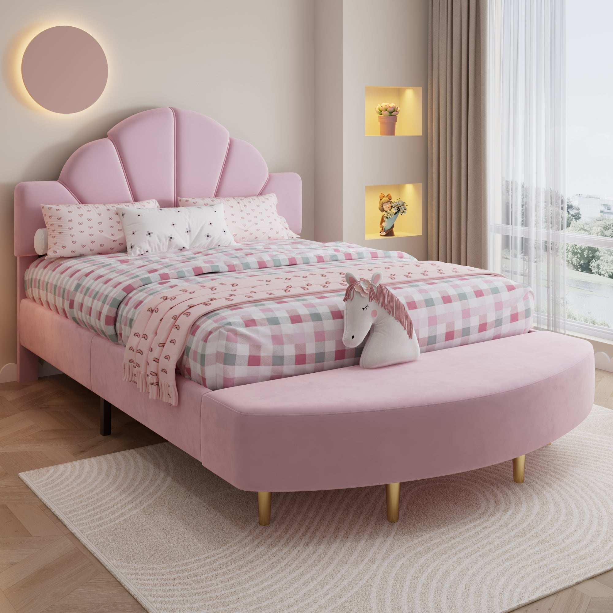 Upholstered Bed 140x200cm Velvet Headboard Matching Bench - Pink Velvet