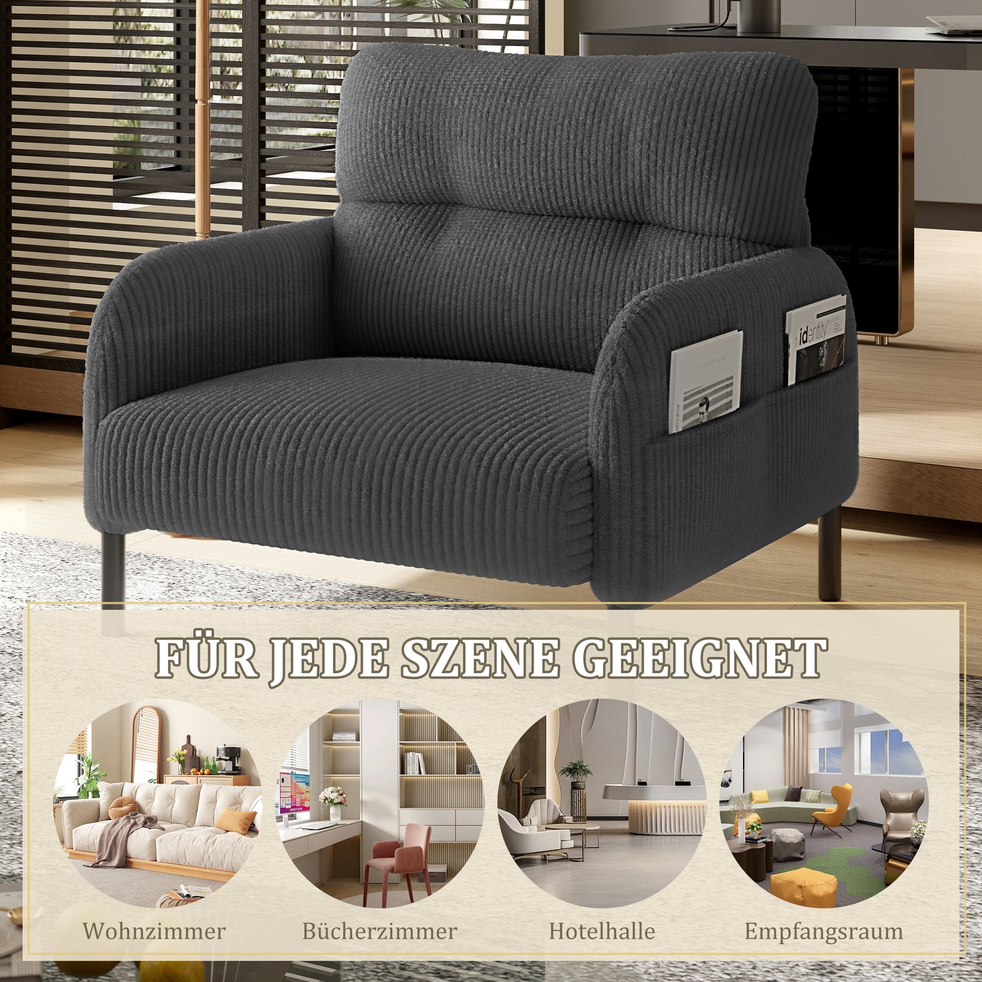 Sofa/Chair with Side Pockets, Comfortable Solid Structure, Velvet Fabric
