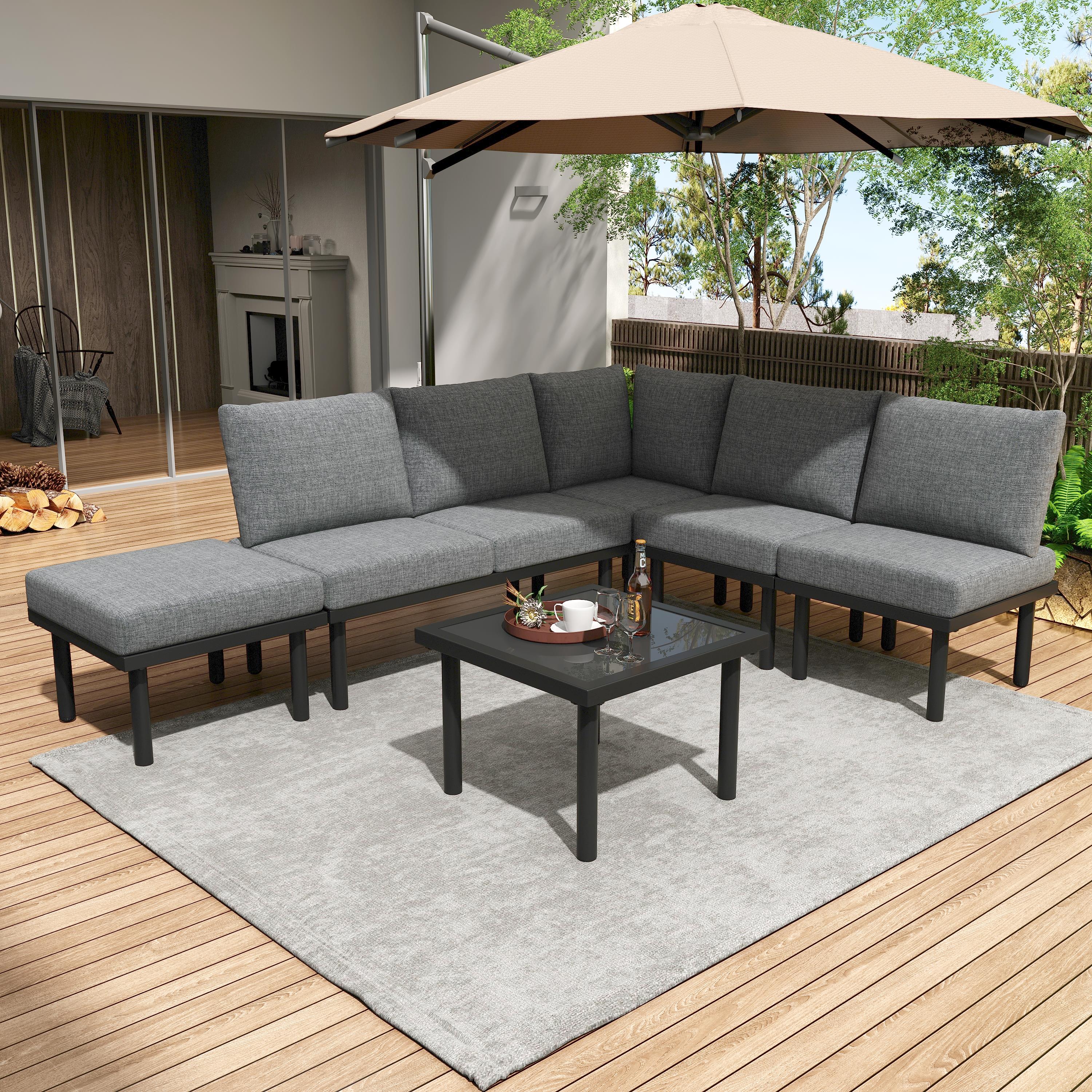 Garden Lounge Set with Galvanized Iron Frame, 6-Piece, Rope, Grey