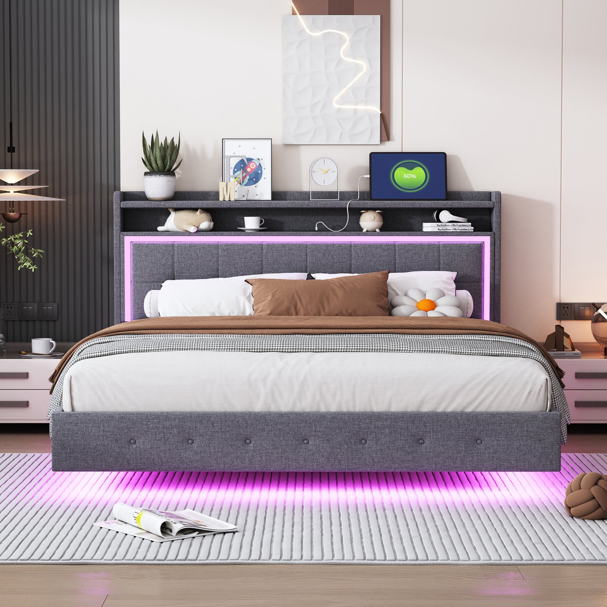 Upholstered Bed, 160x200 USB & LED, Linen Fabric Gray