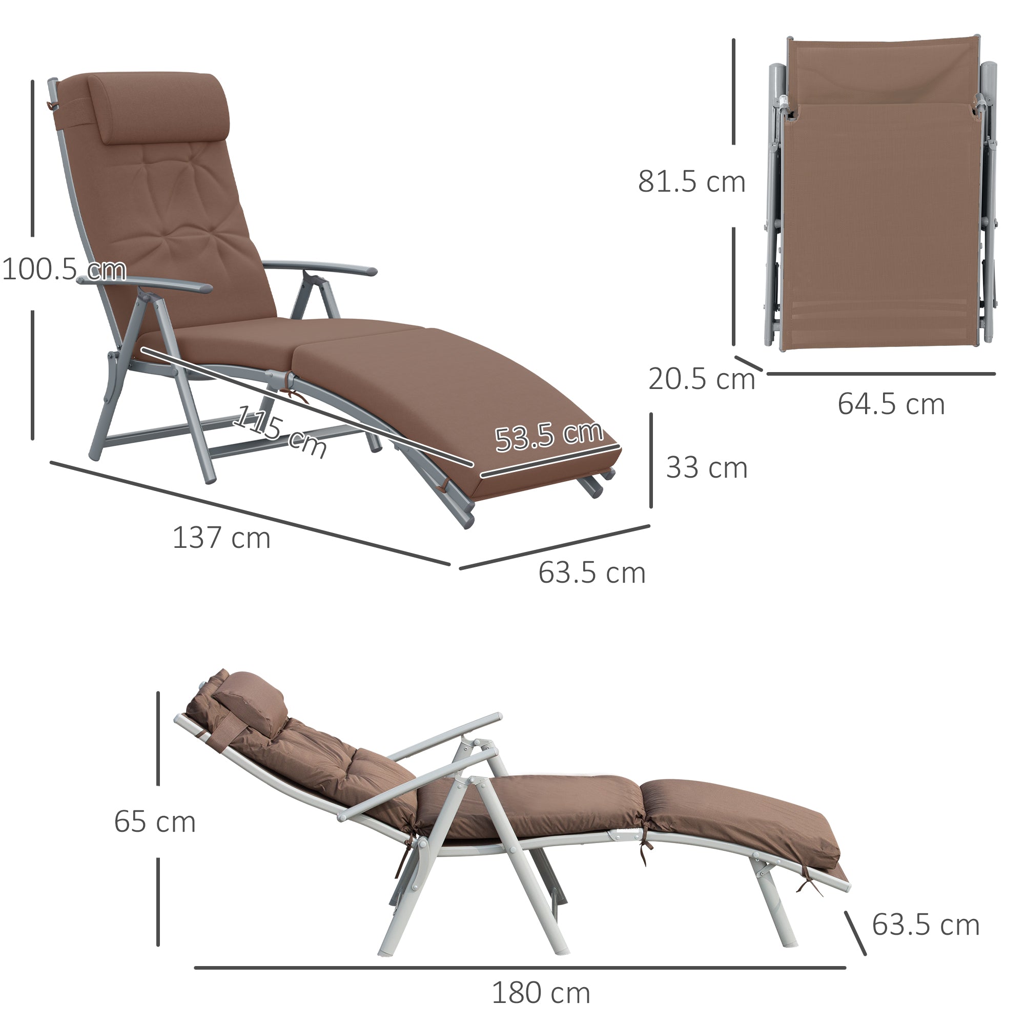 Sun Lounger Folding Chaise Recliner with Adjustable Backrest and Headrest, Brown Texteline