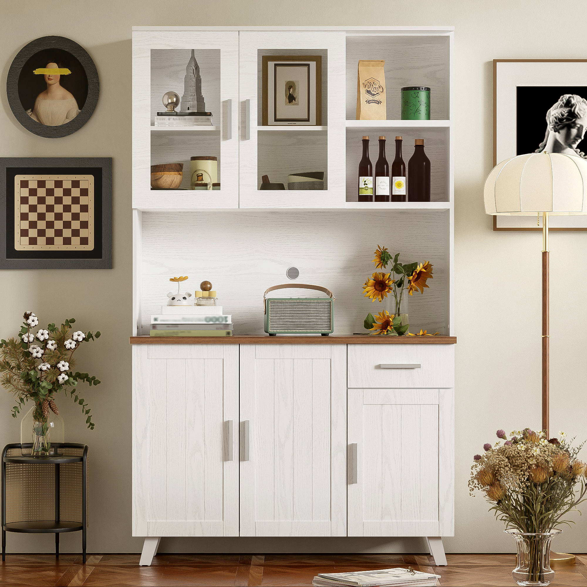 Sideboard, Tall Cabinet with Glass Panels, White Wood Grain